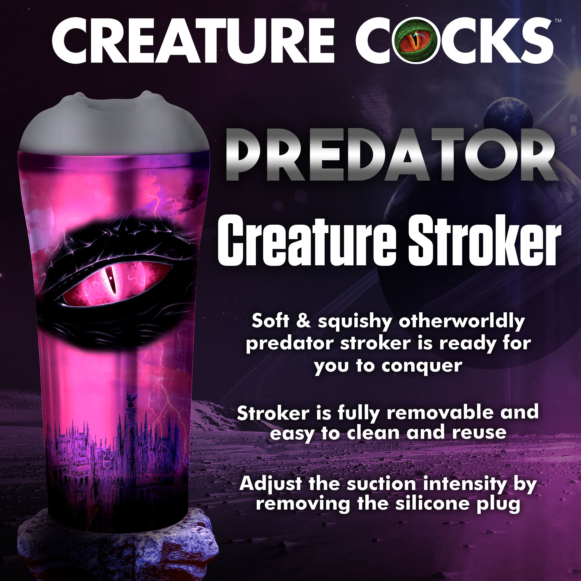 Predator Creature Stroker in soft gray with textured dimples and alien slit design, showcasing its unique fantasy-inspired features.