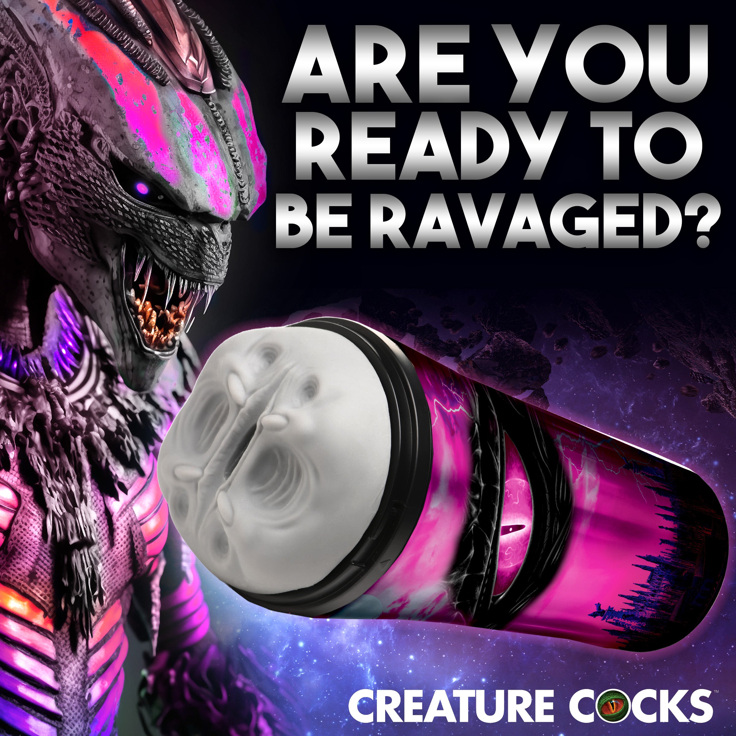 Predator Creature Stroker in soft gray with textured dimples and alien slit design, showcasing its unique fantasy-inspired features.