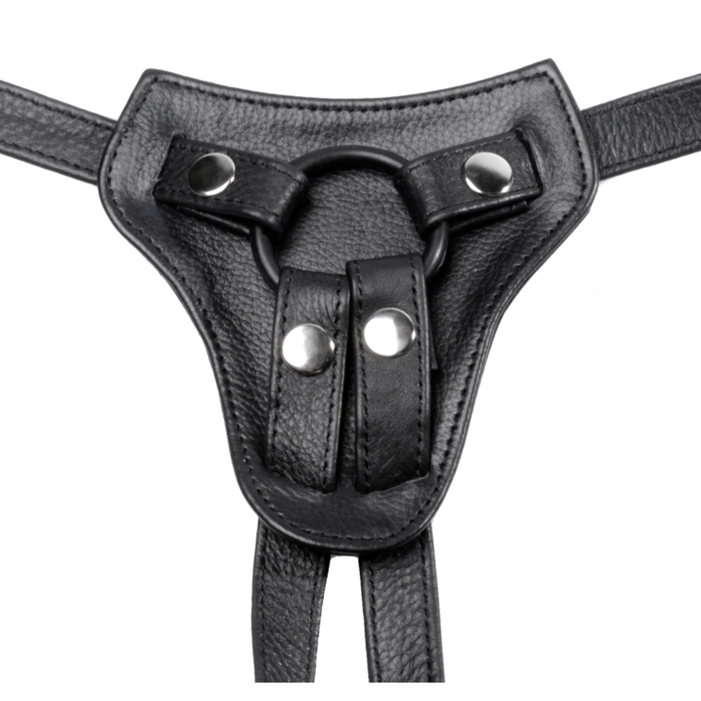 Premium All Access Leather Strap On Harness featuring adjustable straps and three size rings for flared-base dildos.