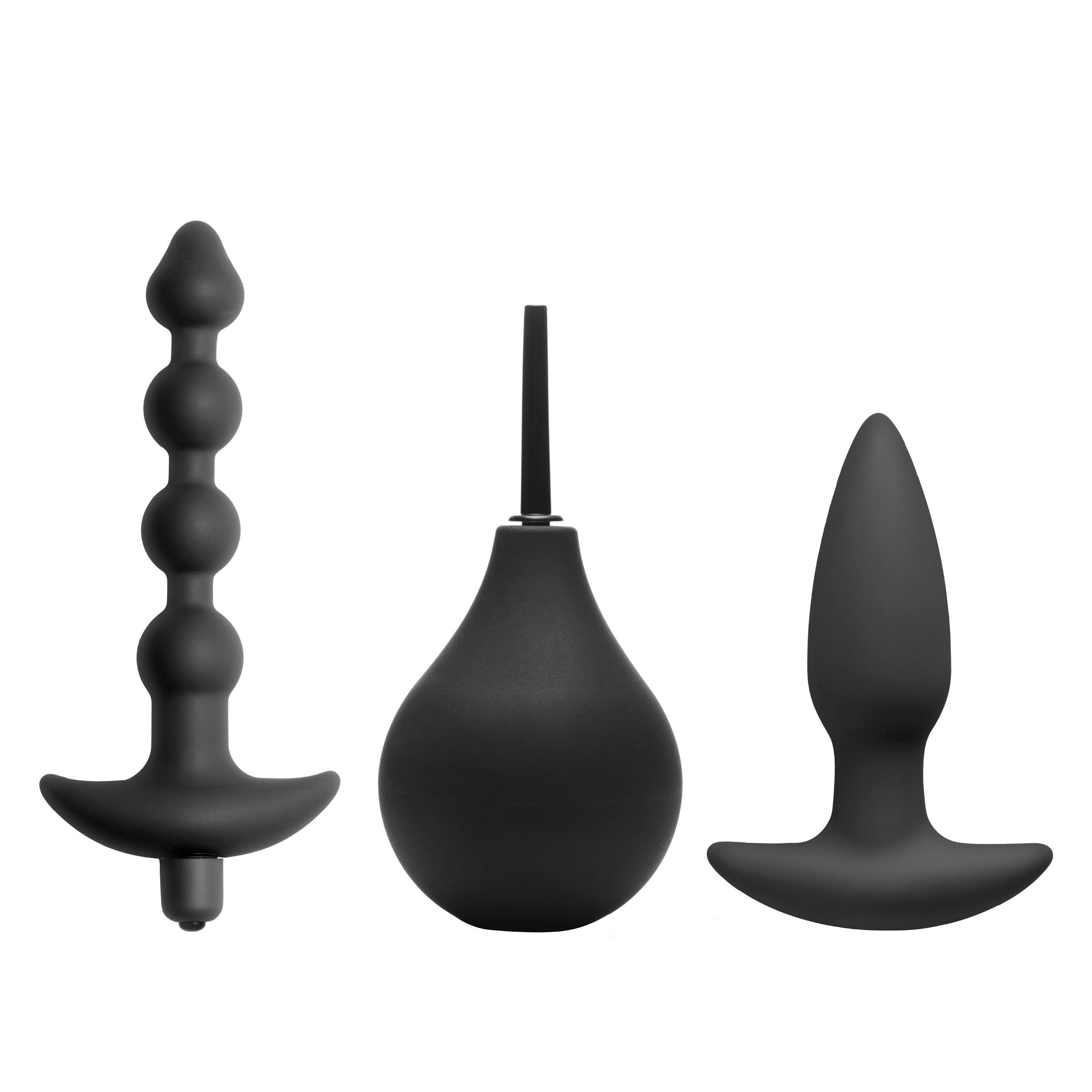 Prevision 4 Piece Silicone Anal Kit featuring enema bulb, anal plug, beaded wand, and vibrating bullet in sleek black color.