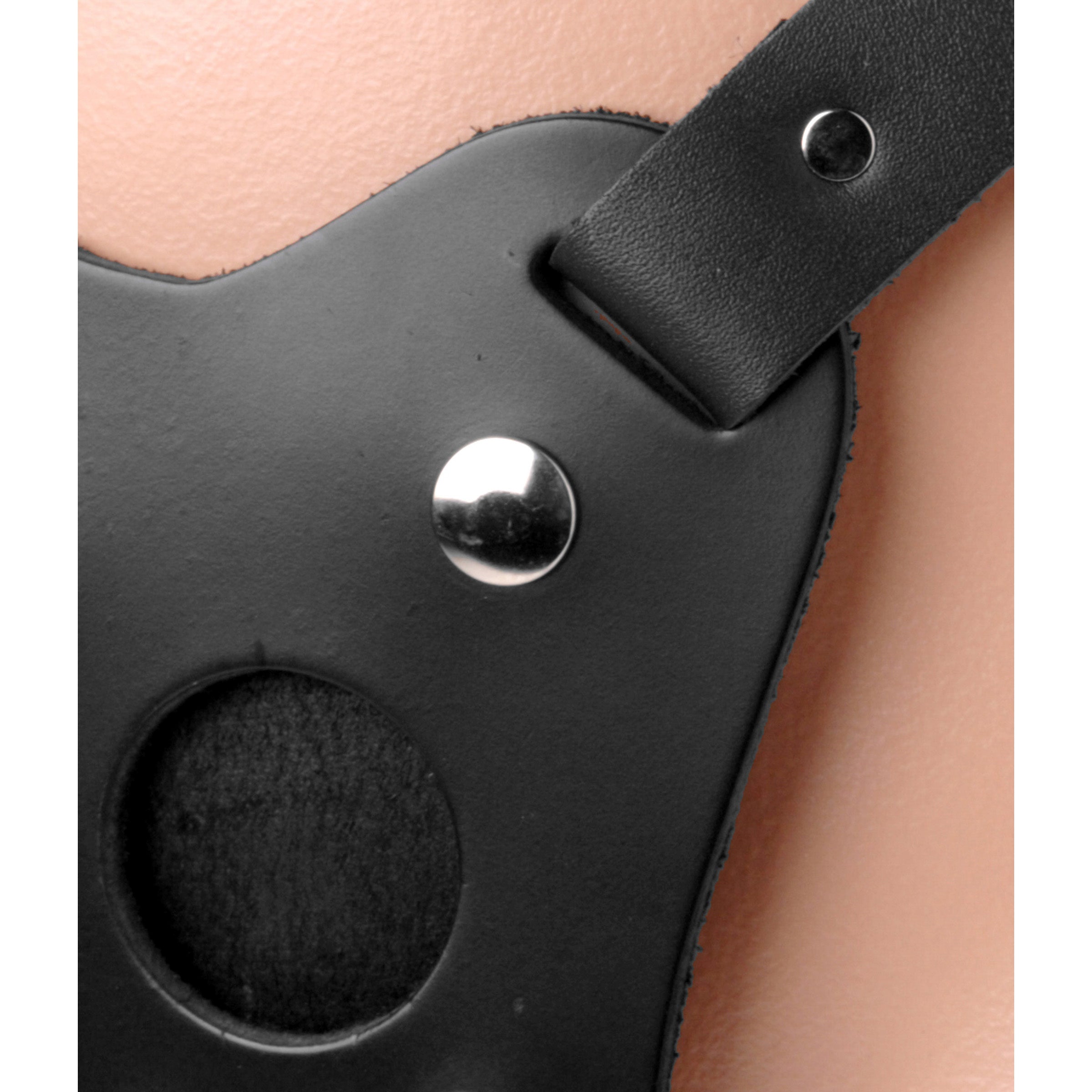 Professional Leather Strap-On Dildo Harness in black, featuring a streamlined design and adjustable straps for comfort and durability.