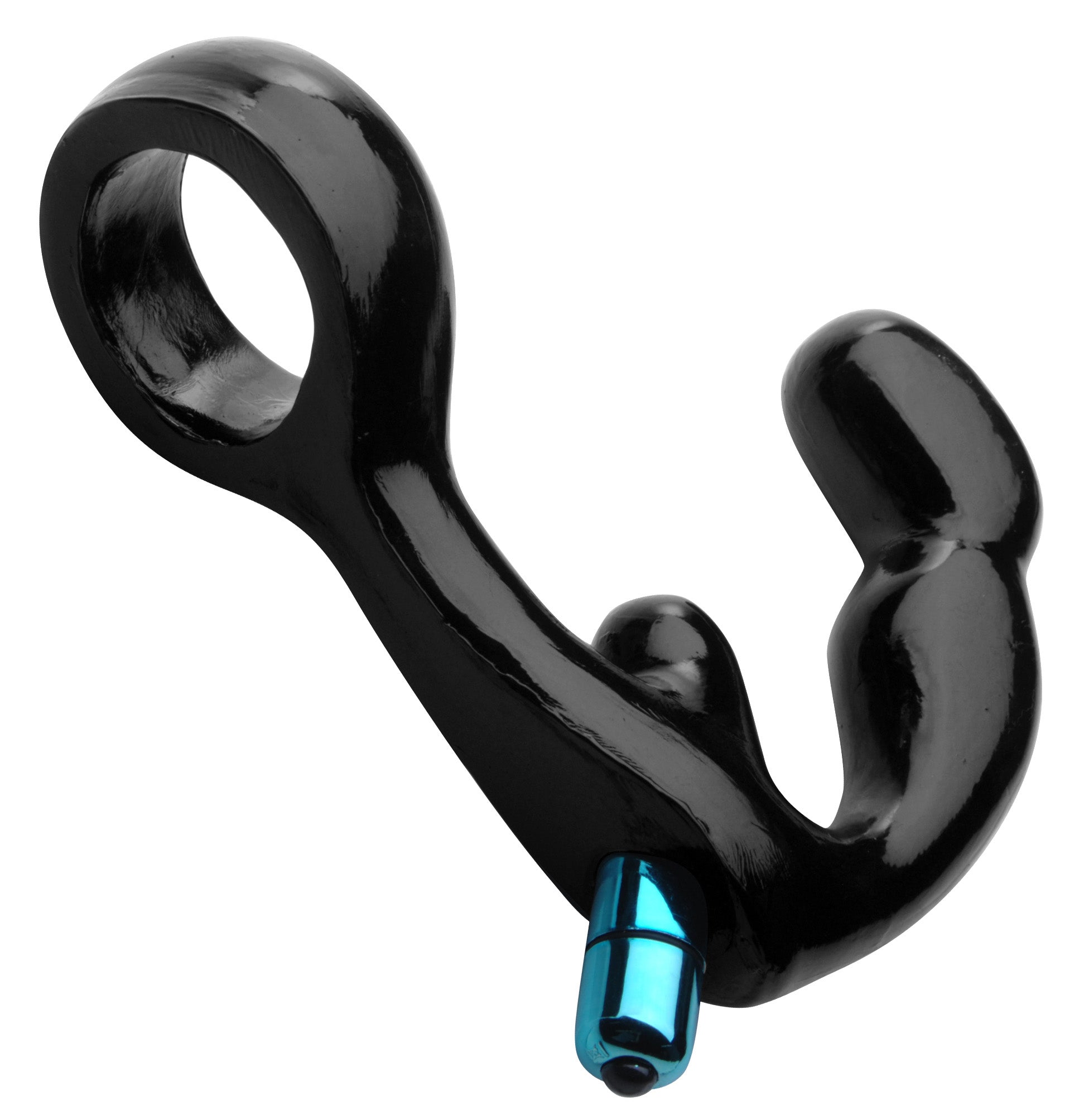 Prostate Plug with Cock Ring and Vibe Kit featuring a curved design, vibrating bullet, and durable PVC material in black color.