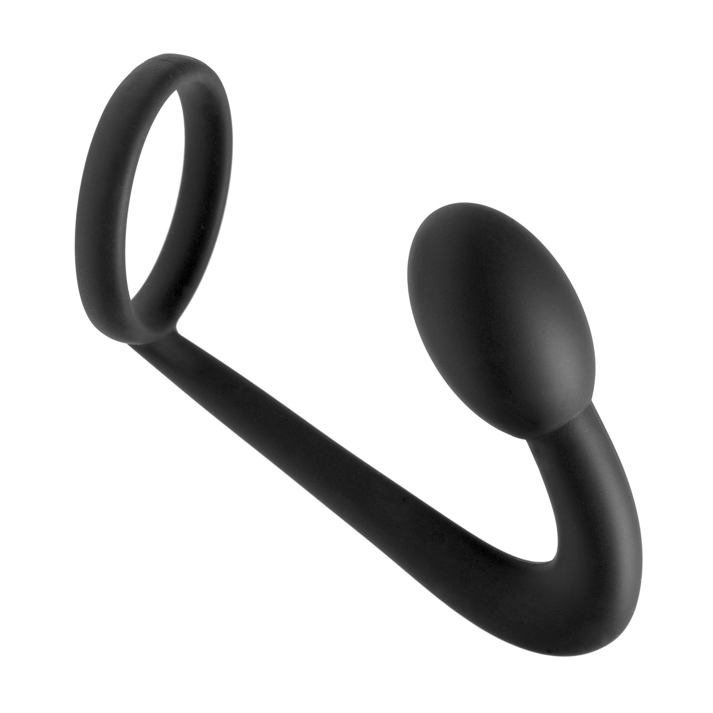 Prostatic Play Explorer Silicone Cock Ring and Prostate Plug in black, showcasing its bulbous tip and firm ring design.