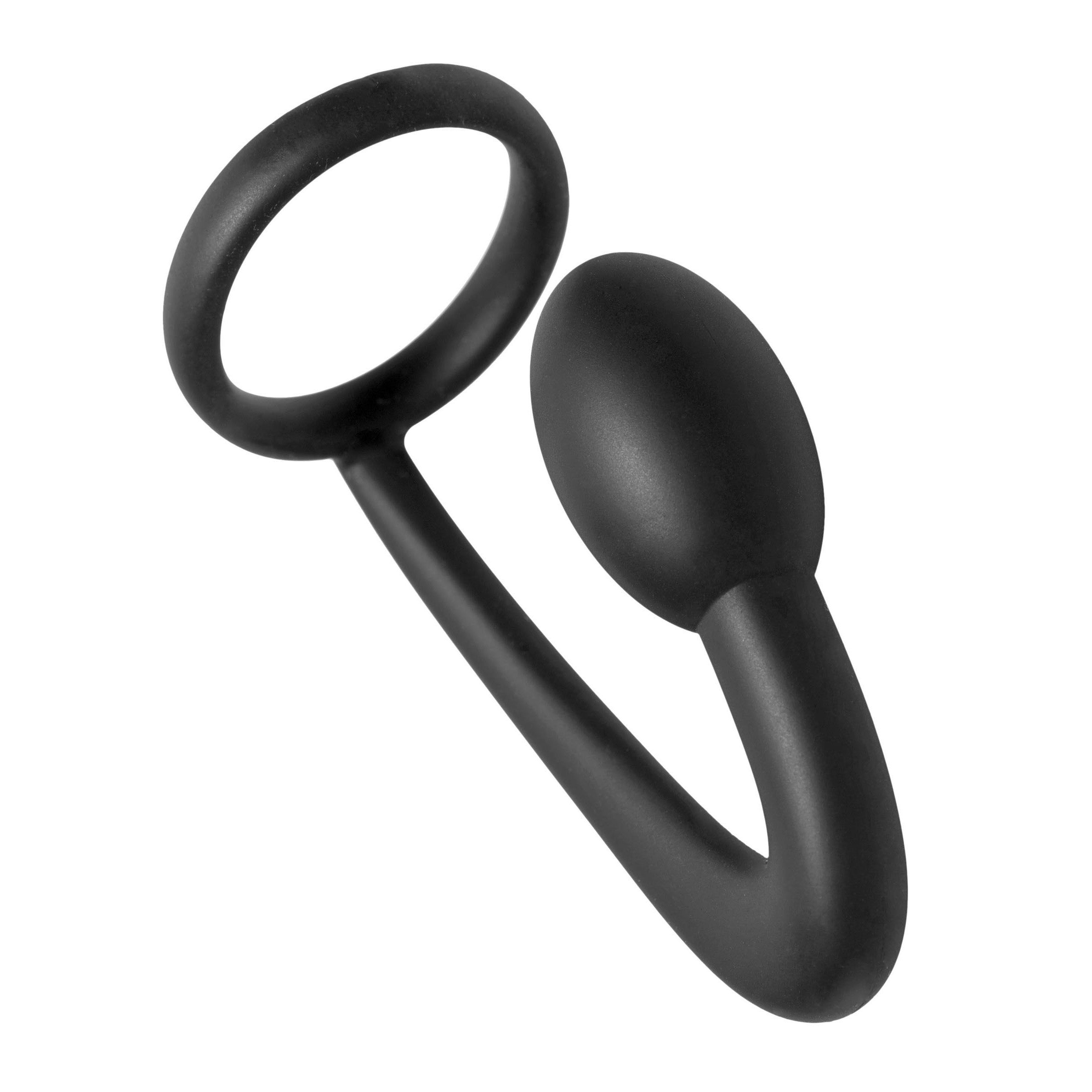 Prostatic Play Explorer Silicone Cock Ring and Prostate Plug in black, showcasing its bulbous tip and firm ring design.