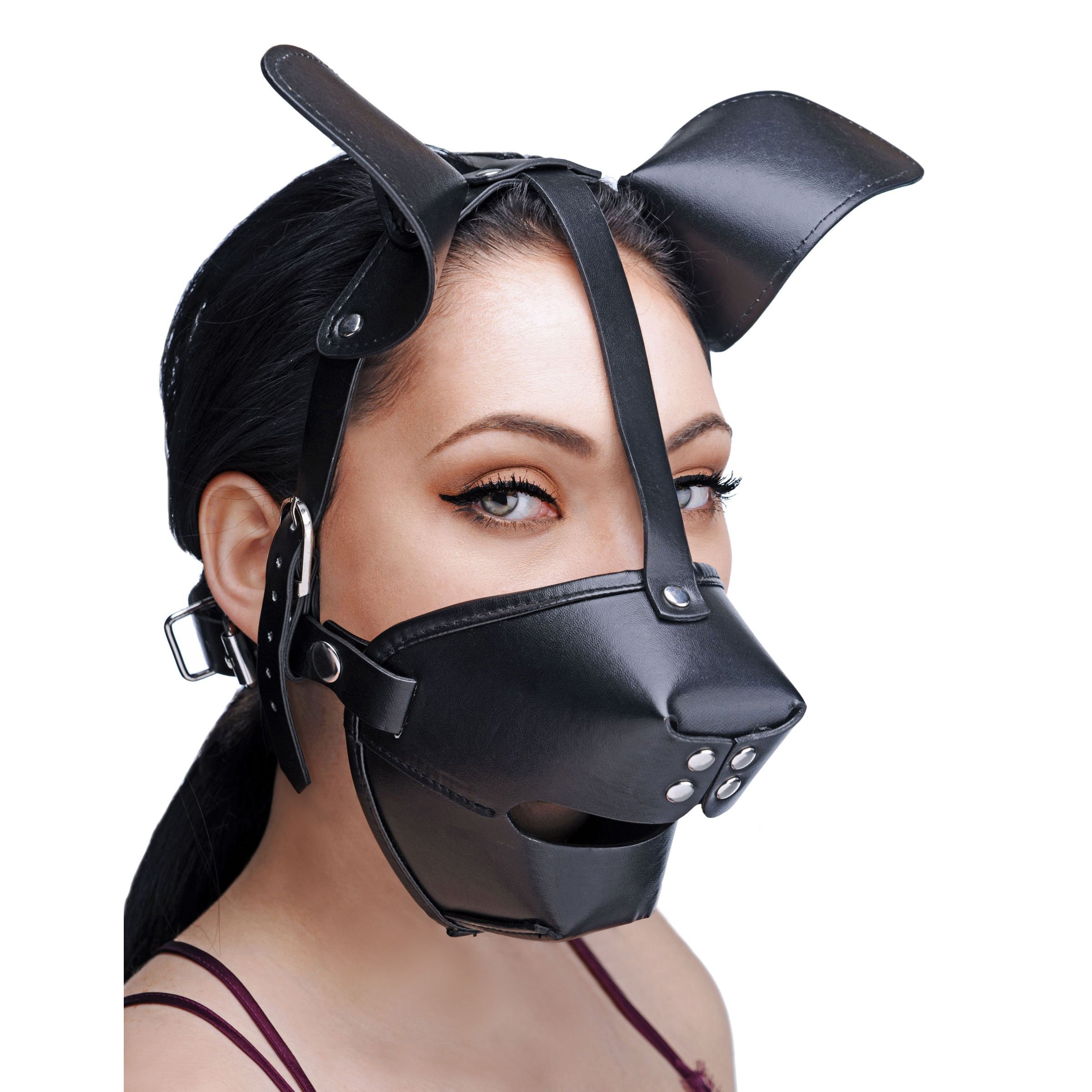 Pup Puppy Play Hood with dog-like ears and breathable ball gag, designed for puppy play enthusiasts.