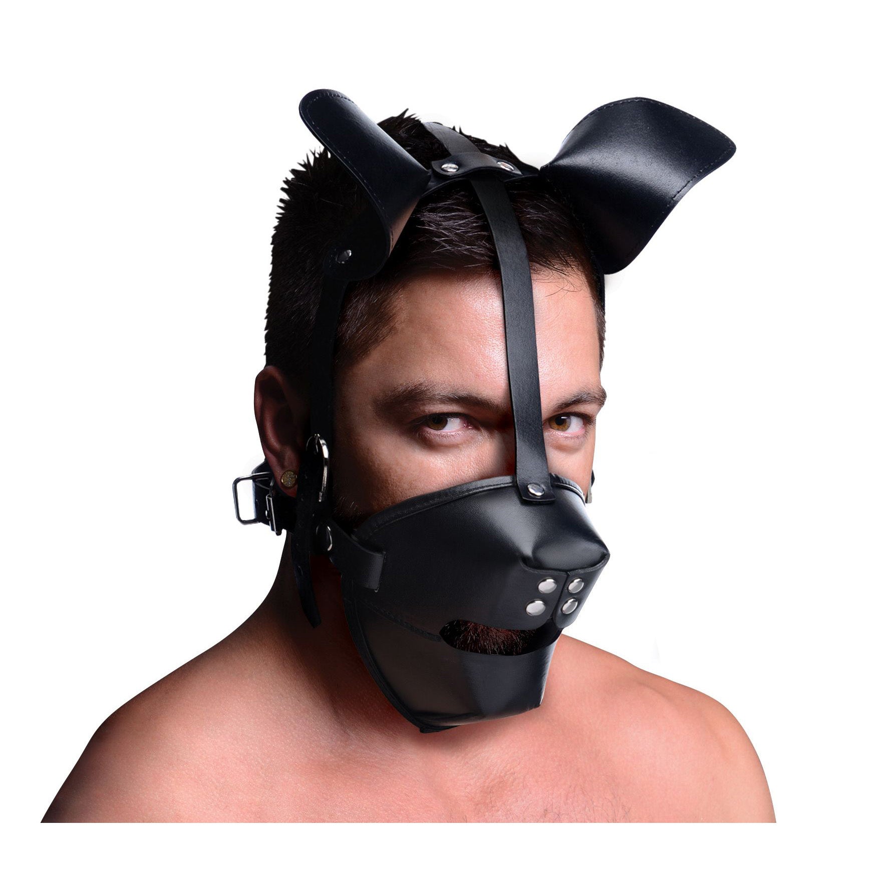 Pup Puppy Play Hood with dog-like ears and breathable ball gag, designed for puppy play enthusiasts.