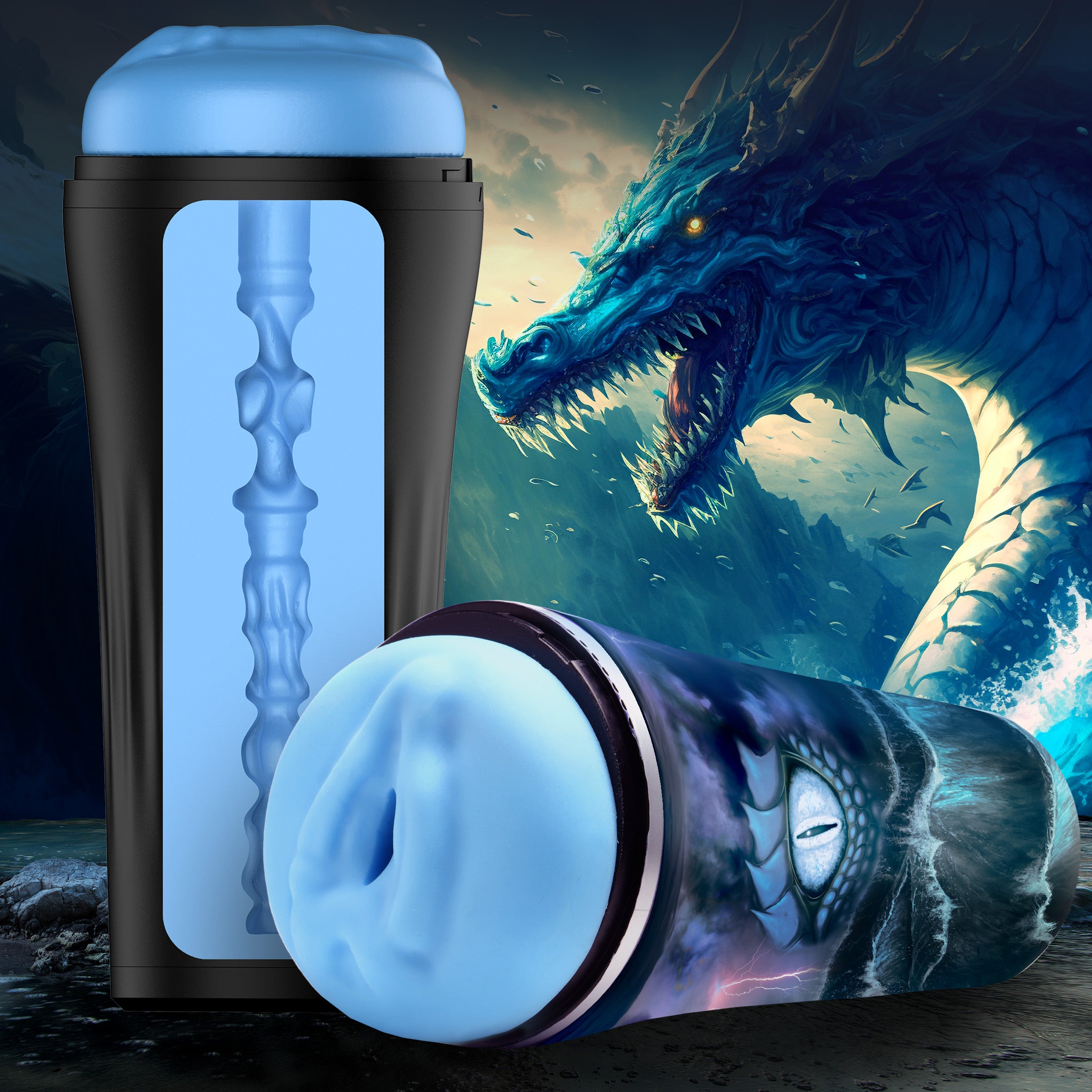 Pussidon Sea Monster Stroker in pale blue, showcasing its soft lips and textured interior for enhanced pleasure.