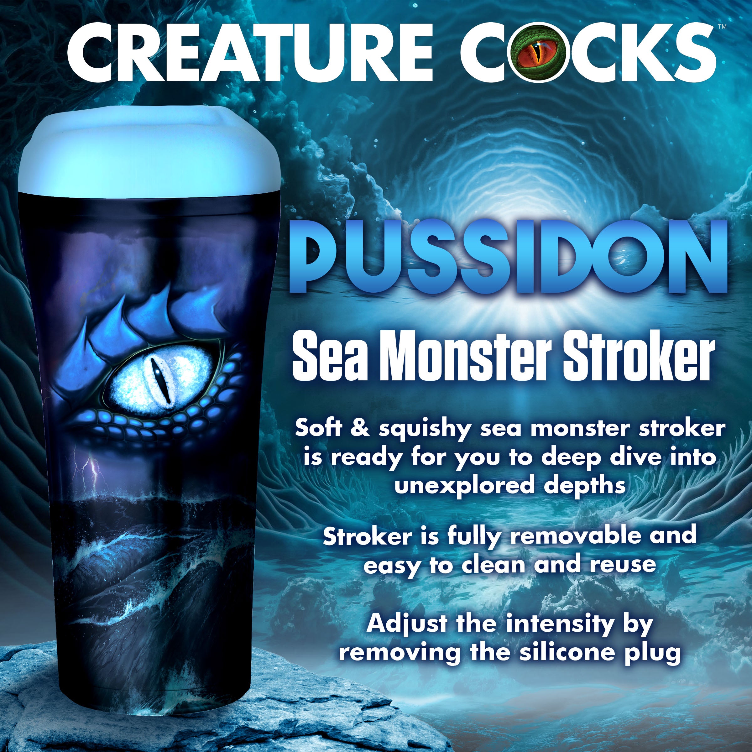 Pussidon Sea Monster Stroker in pale blue, showcasing its soft lips and textured interior for enhanced pleasure.