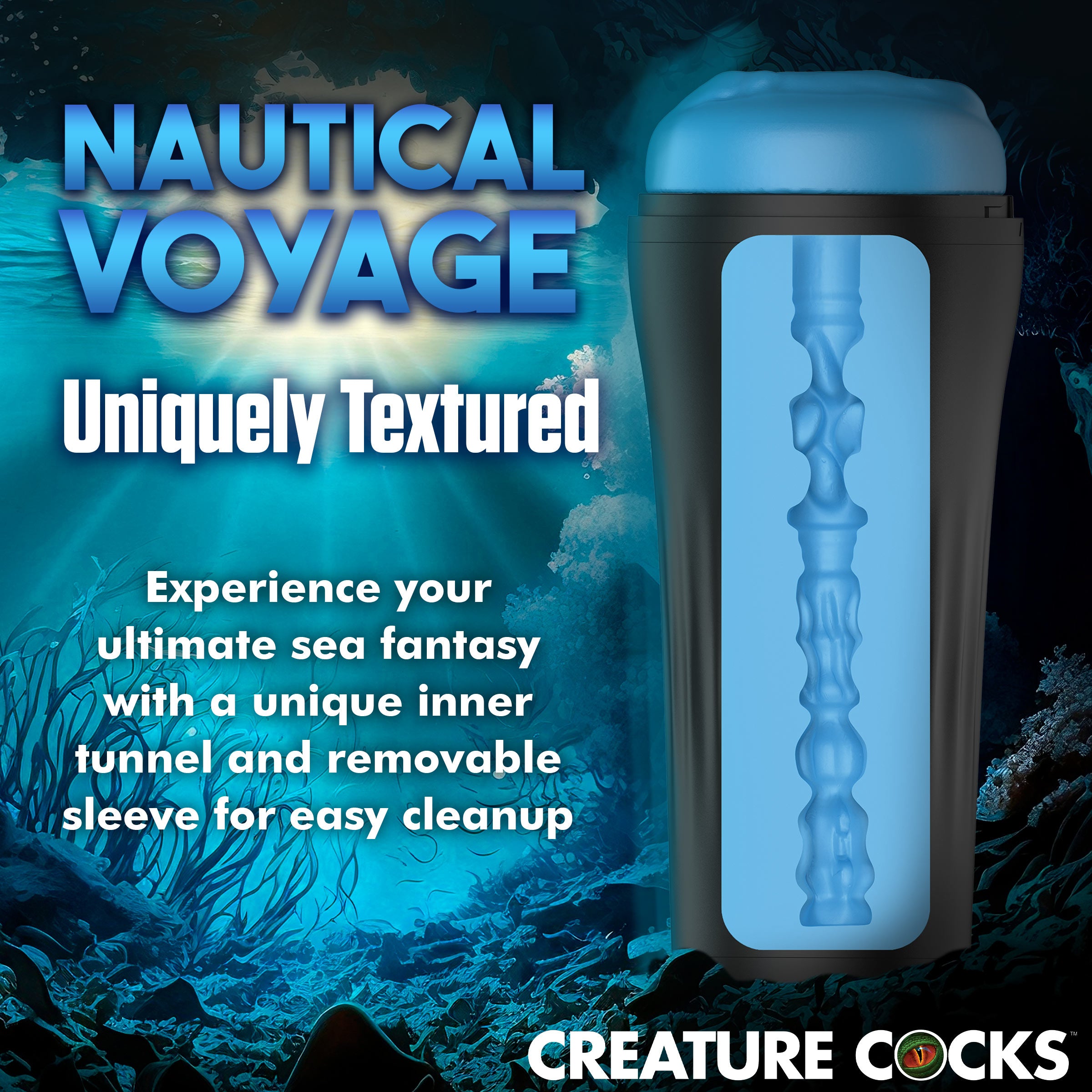 Pussidon Sea Monster Stroker in pale blue, showcasing its soft lips and textured interior for enhanced pleasure.