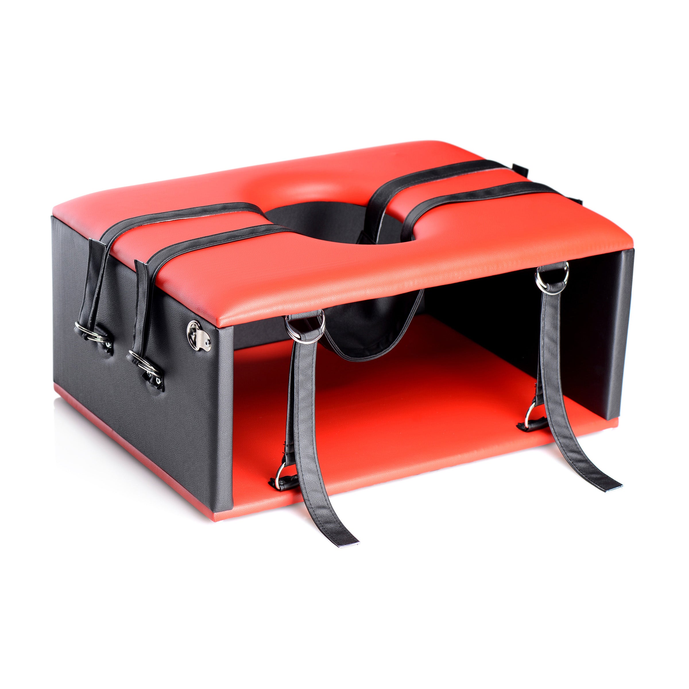 Queening Chair designed for BDSM play, featuring adjustable head hammock and comfortable cushion in red color.