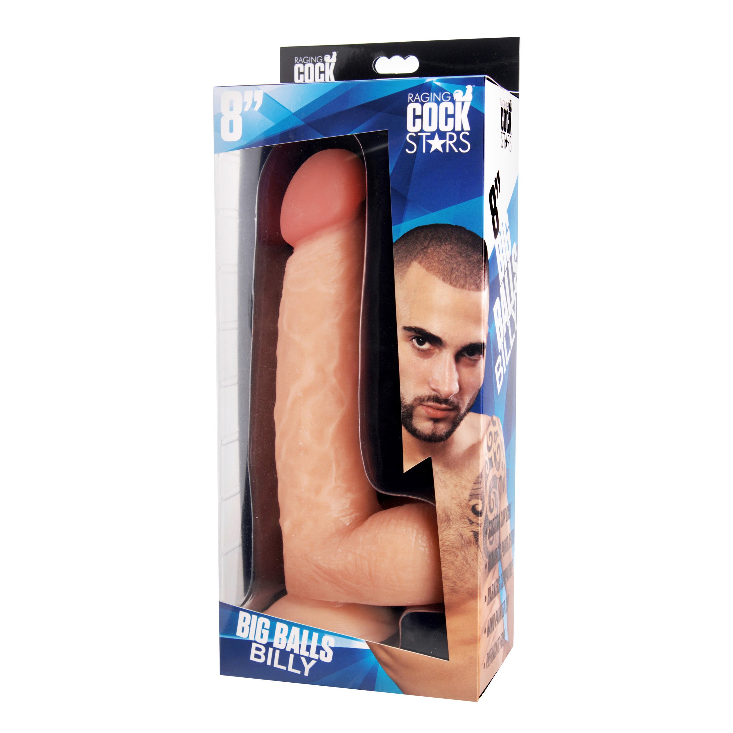 Raging Cockstars Big Balls Billy 8 Inch Realistic Dildo with detailed textures and a powerful suction cup base.