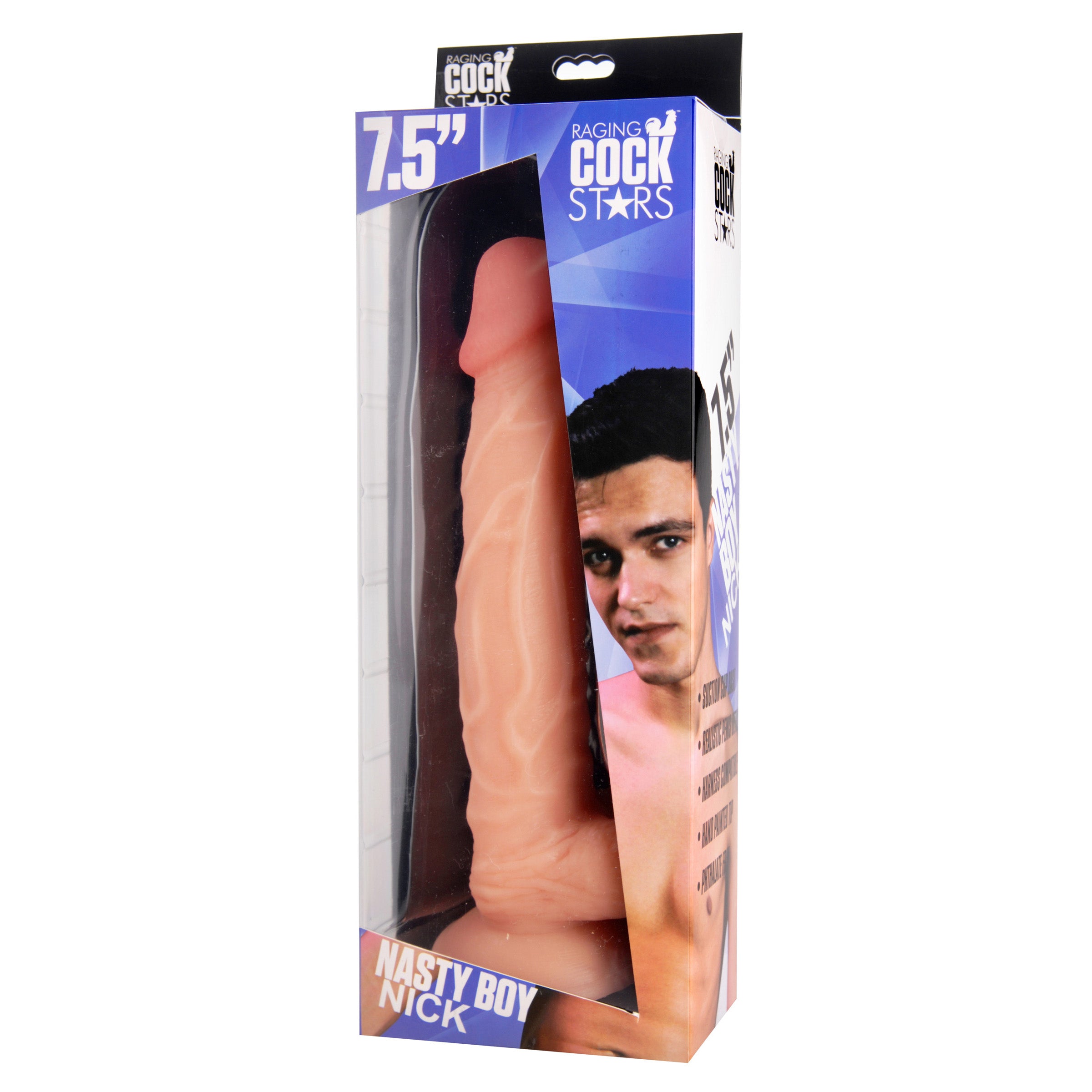 Raging Cockstars Nasty Boy Nick 7.5 Inch Realistic Dildo with detailed veining and suction cup base.