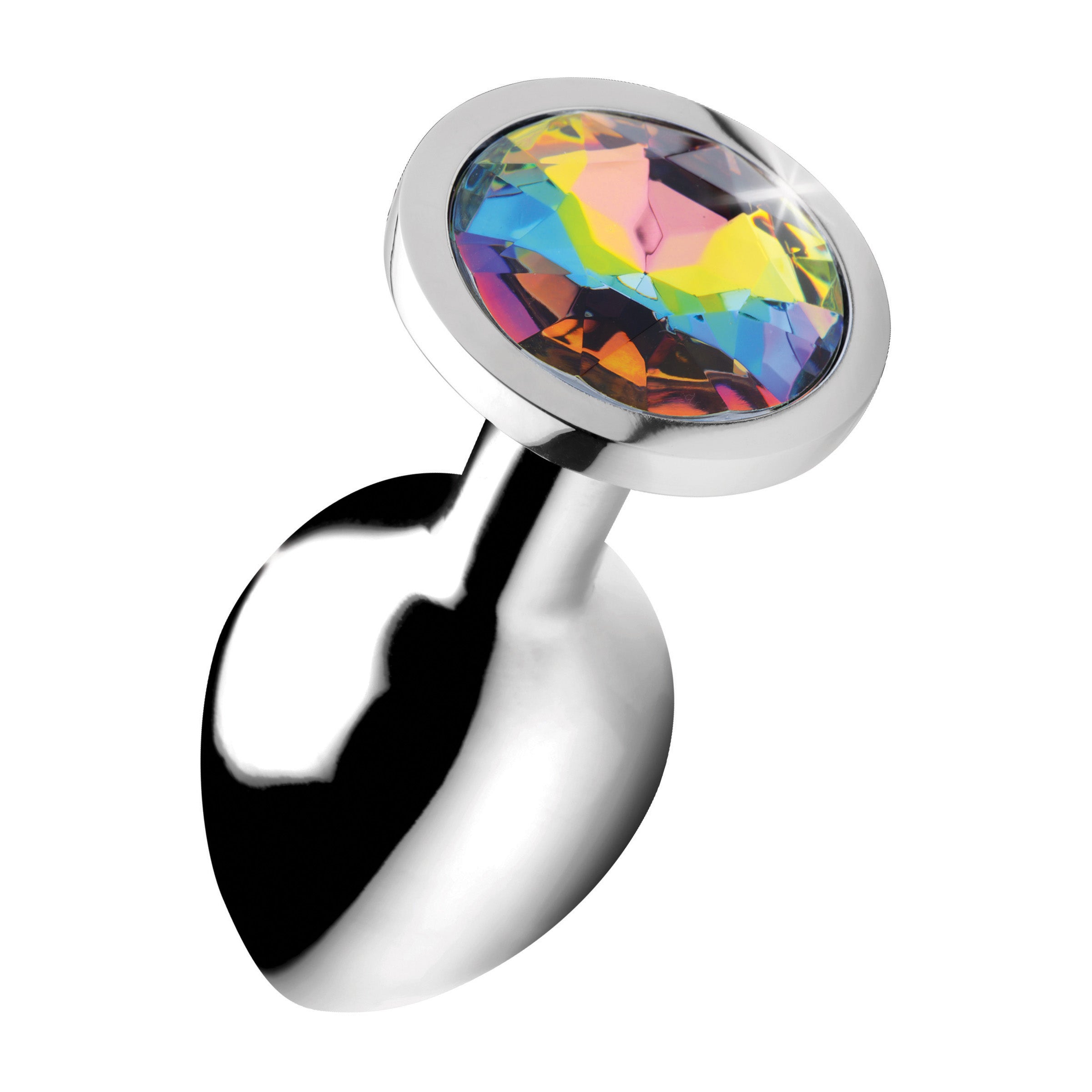 Rainbow Prism Gem Anal Plug - Medium, featuring a vibrant rainbow gem base and smooth aluminum alloy body.