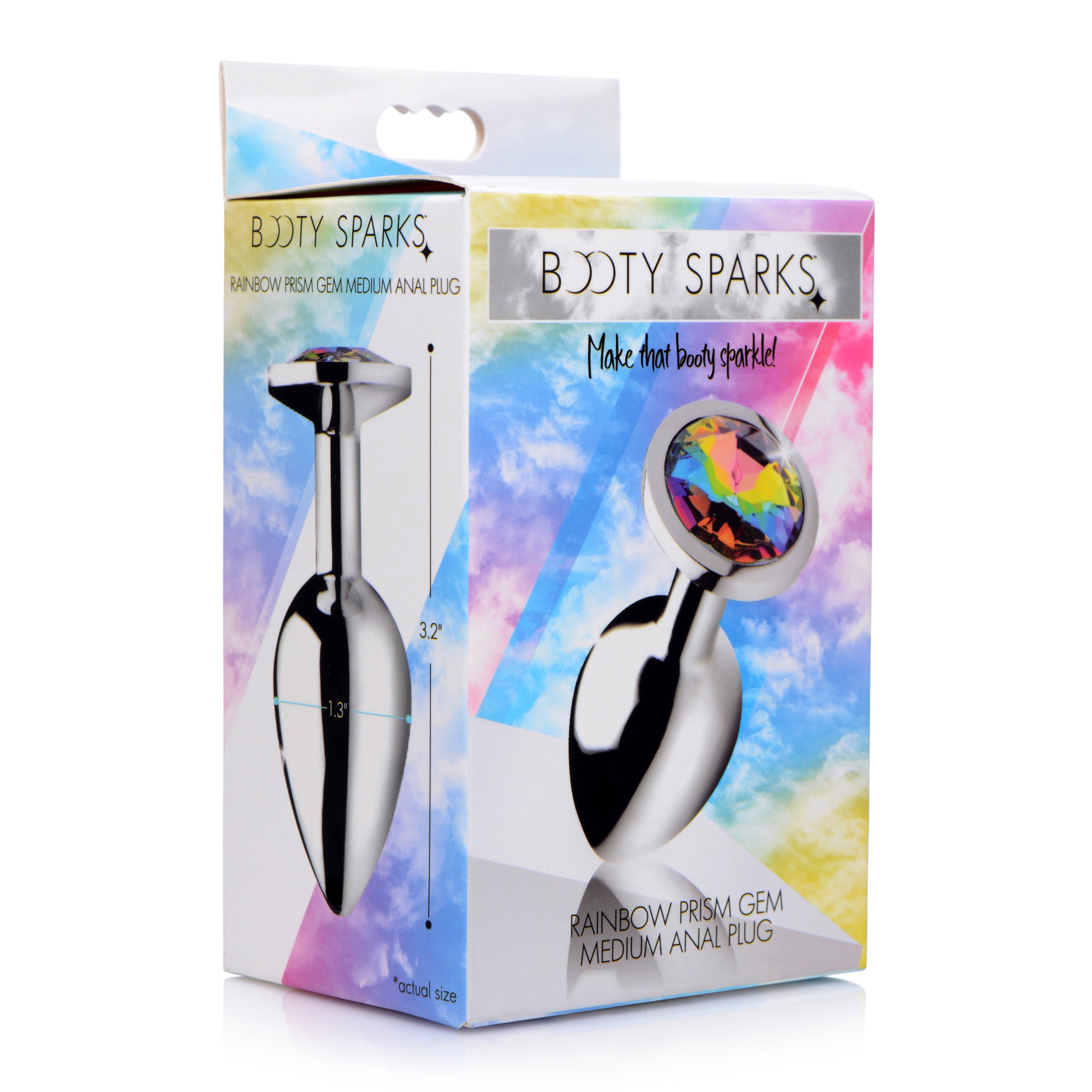 Rainbow Prism Gem Anal Plug - Medium, featuring a vibrant rainbow gem base and smooth aluminum alloy body.