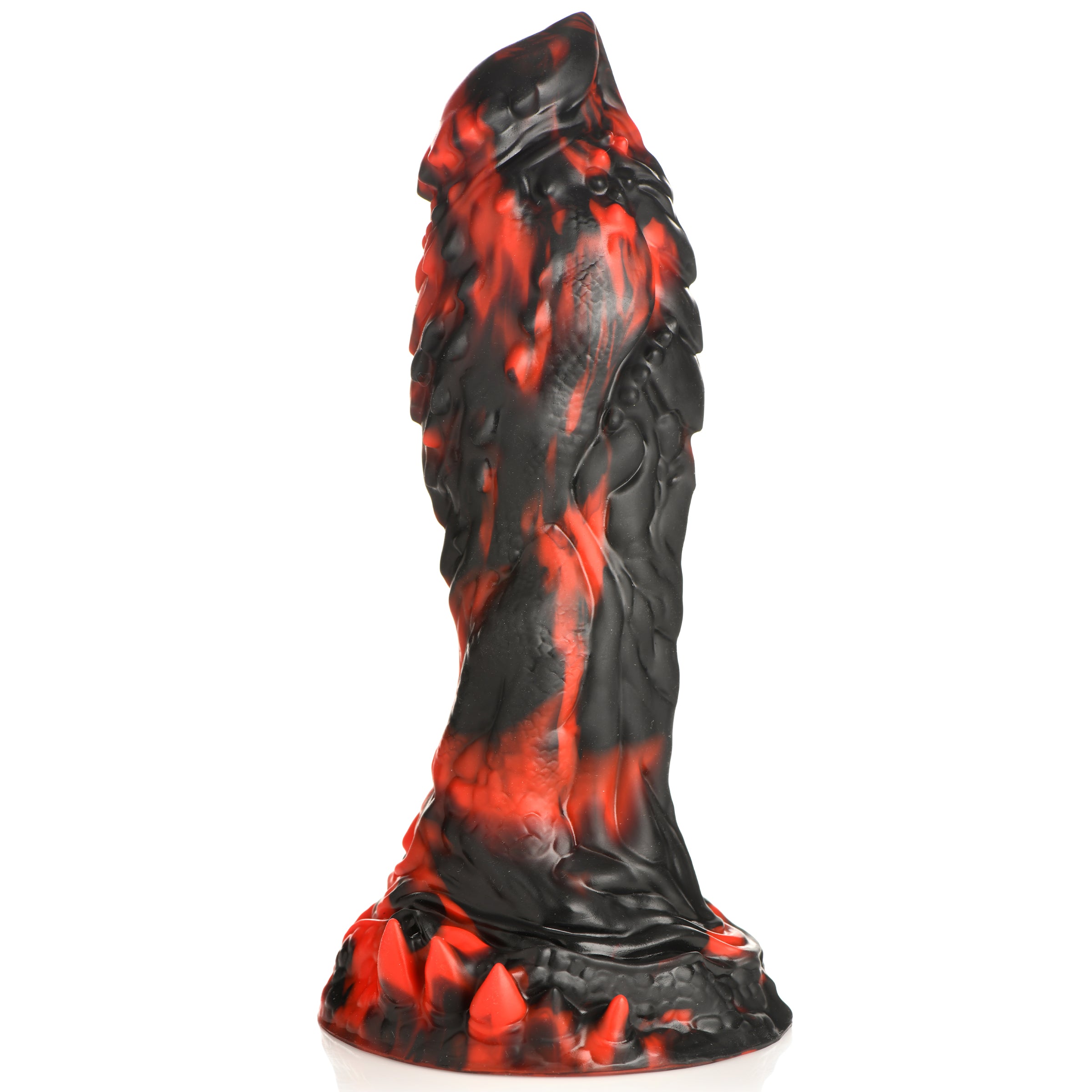 Reaper Silicone Dildo in red and black with textured surface, featuring ridges and spikes, designed for intense pleasure.