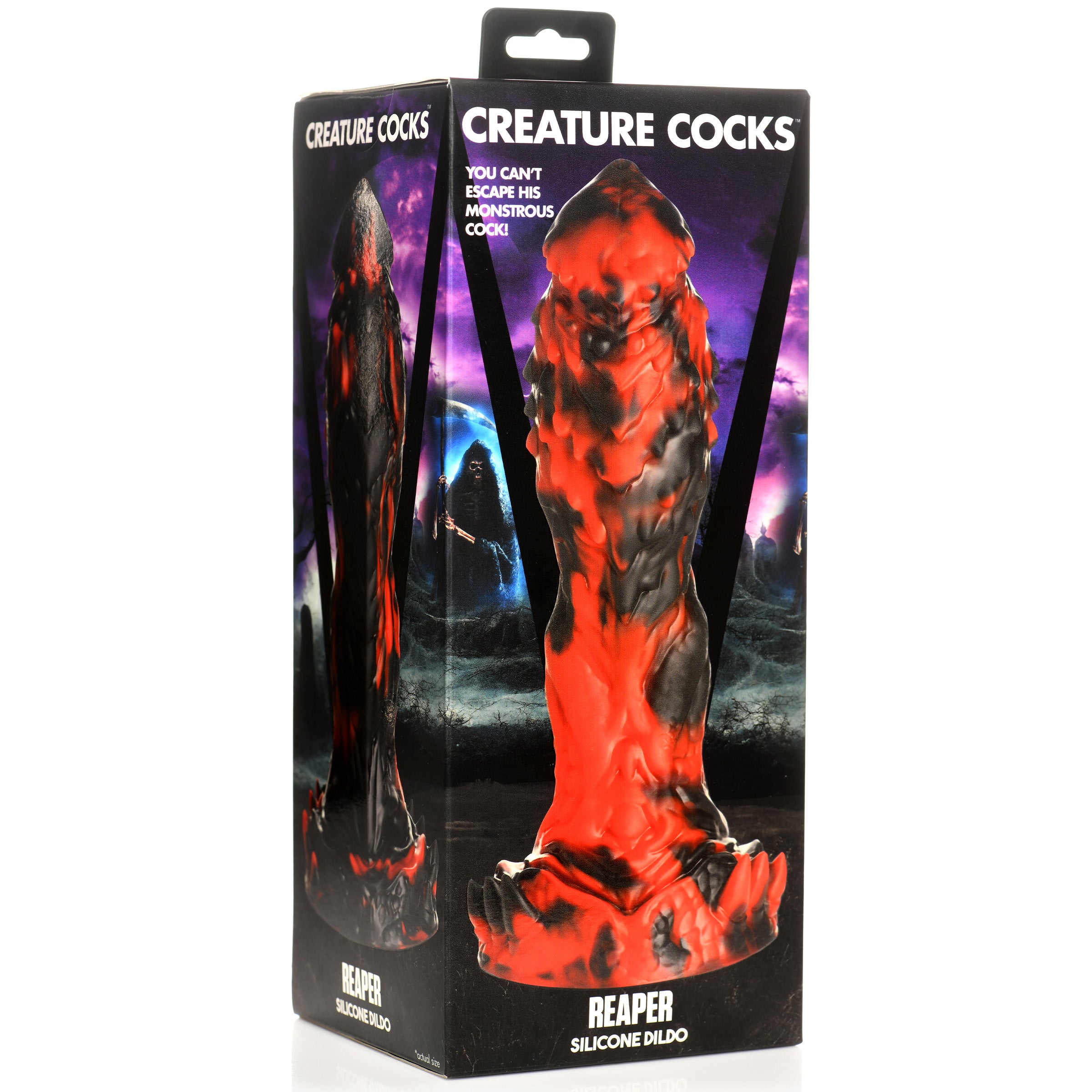 Reaper Silicone Dildo in red and black with textured surface, featuring ridges and spikes, designed for intense pleasure.