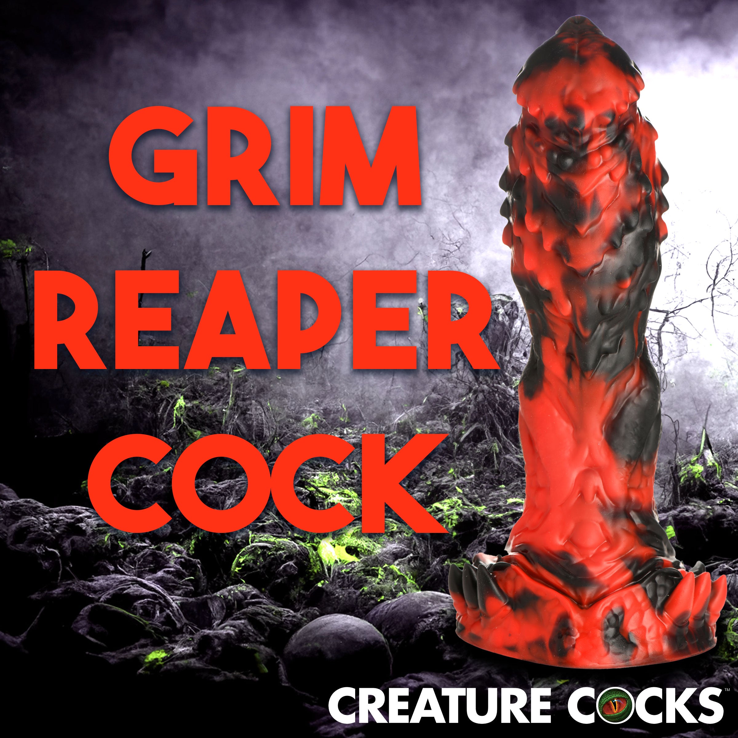 Reaper Silicone Dildo in red and black with textured surface, featuring ridges and spikes, designed for intense pleasure.