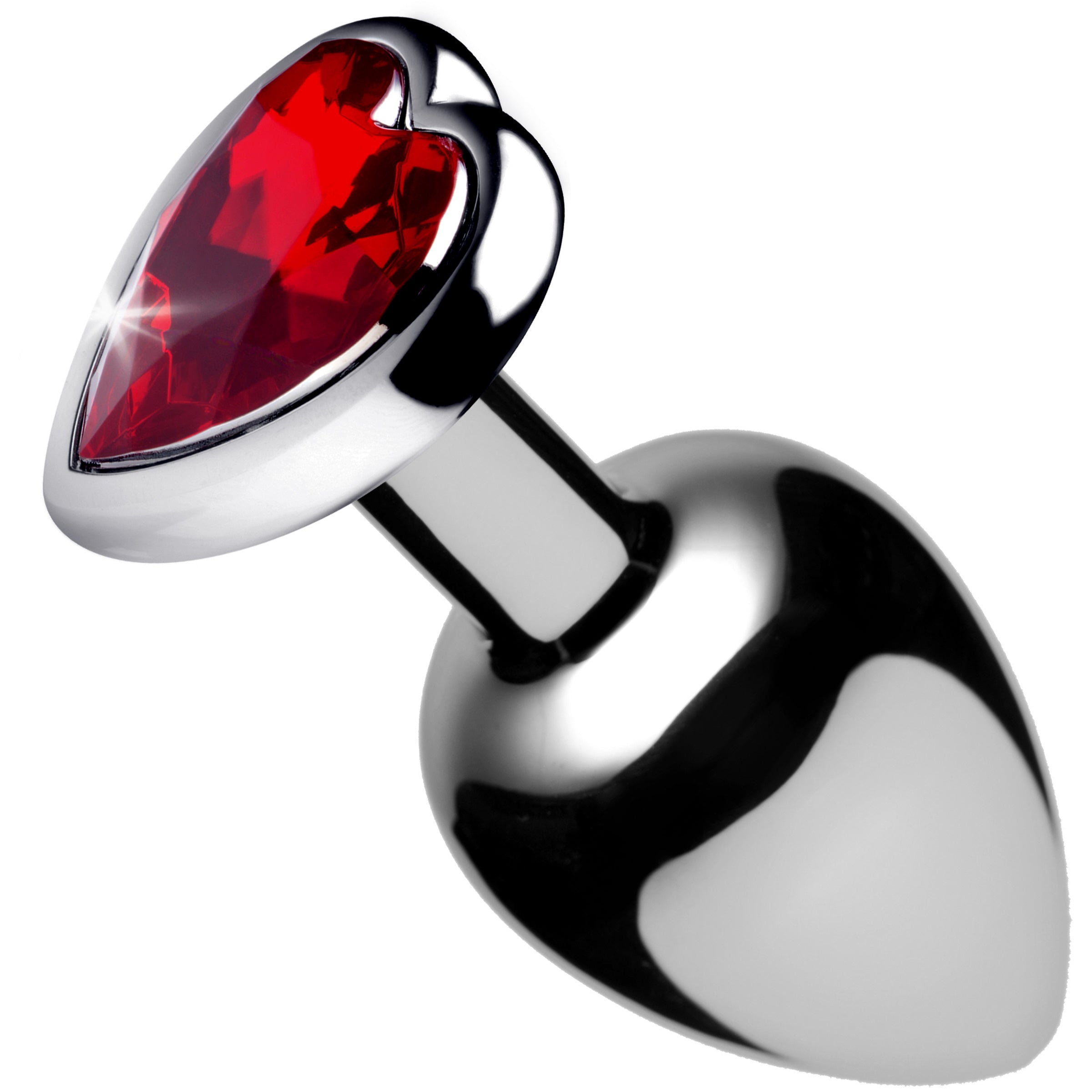 Large Red Heart Gem Anal Plug with smooth aluminum finish and heart-shaped gem, perfect for anal play.