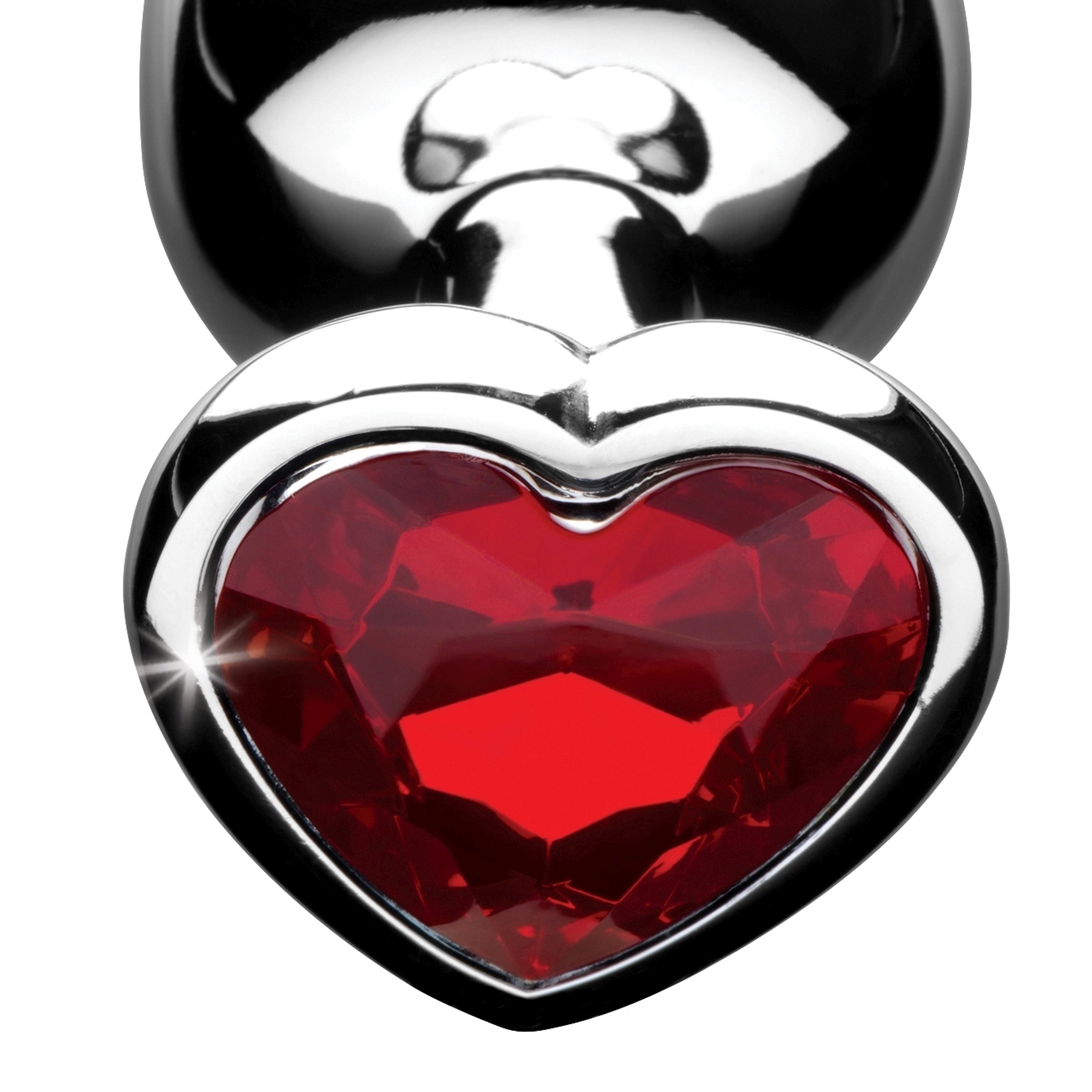 Large Red Heart Gem Anal Plug with smooth aluminum finish and heart-shaped gem, perfect for anal play.