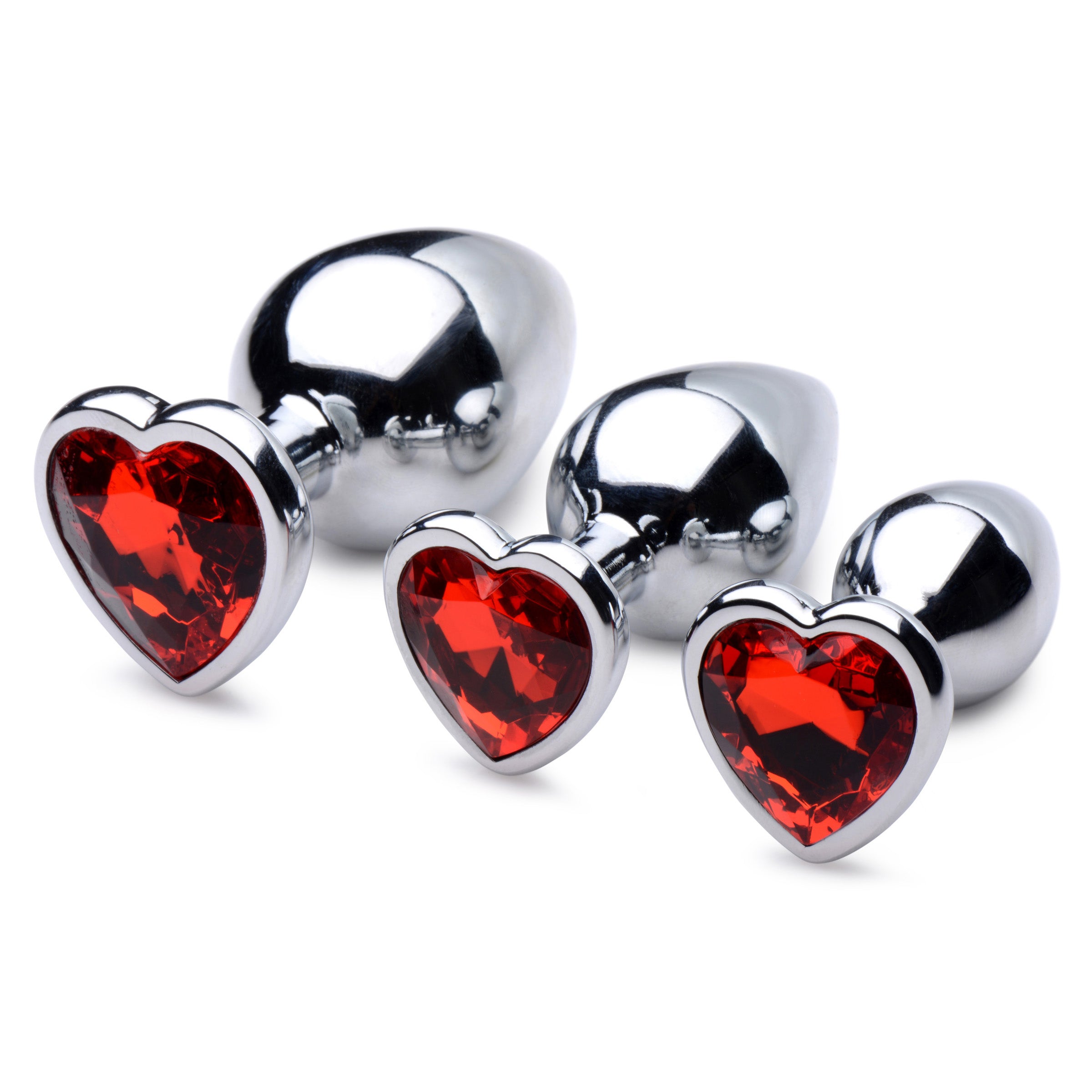 Red Heart Gem Anal Plug Set featuring three ruby heart-shaped plugs in graduating sizes, made of durable aluminum alloy.