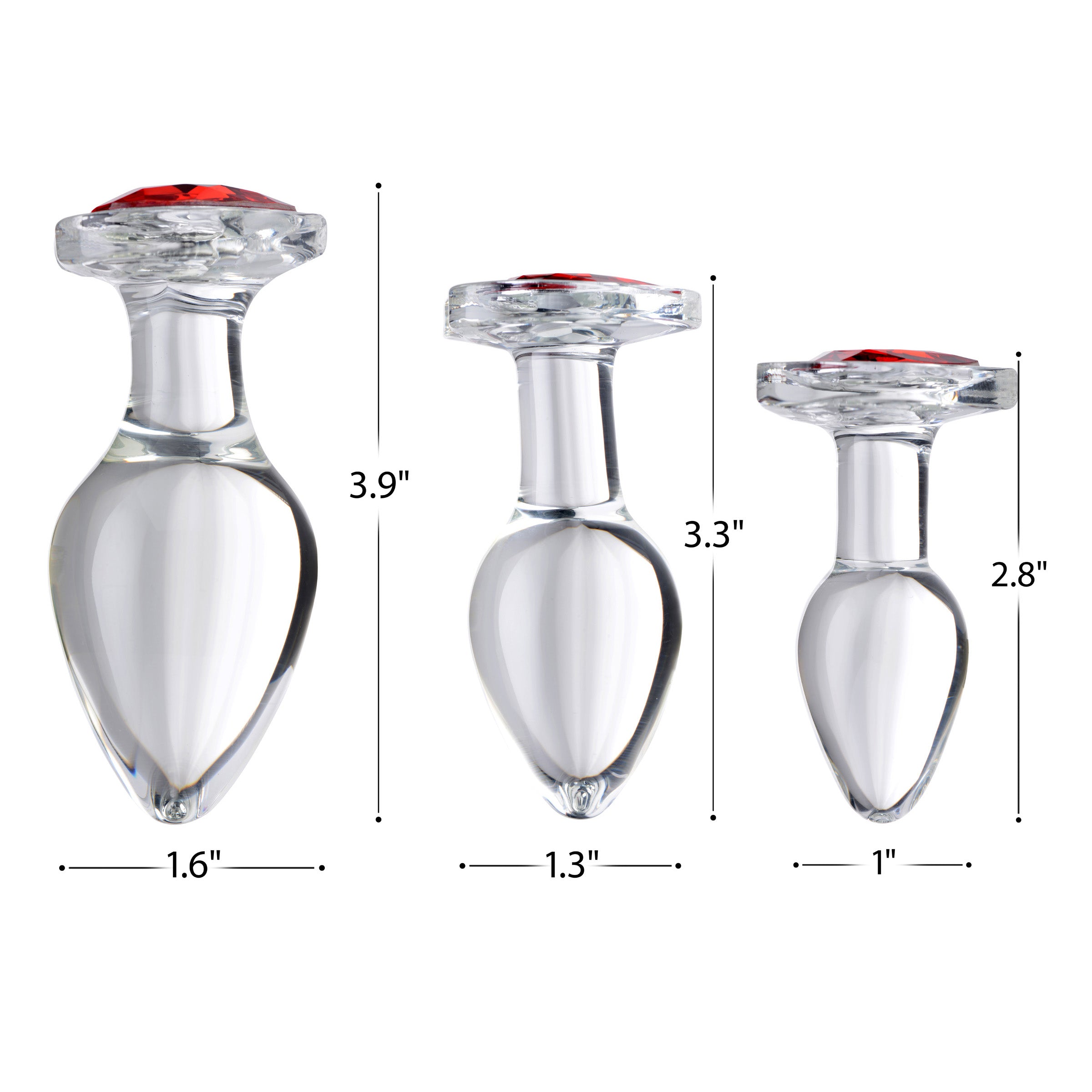 A set of three graduated red heart-shaped glass anal plugs, showcasing their smooth surface and tapered design for easy insertion.