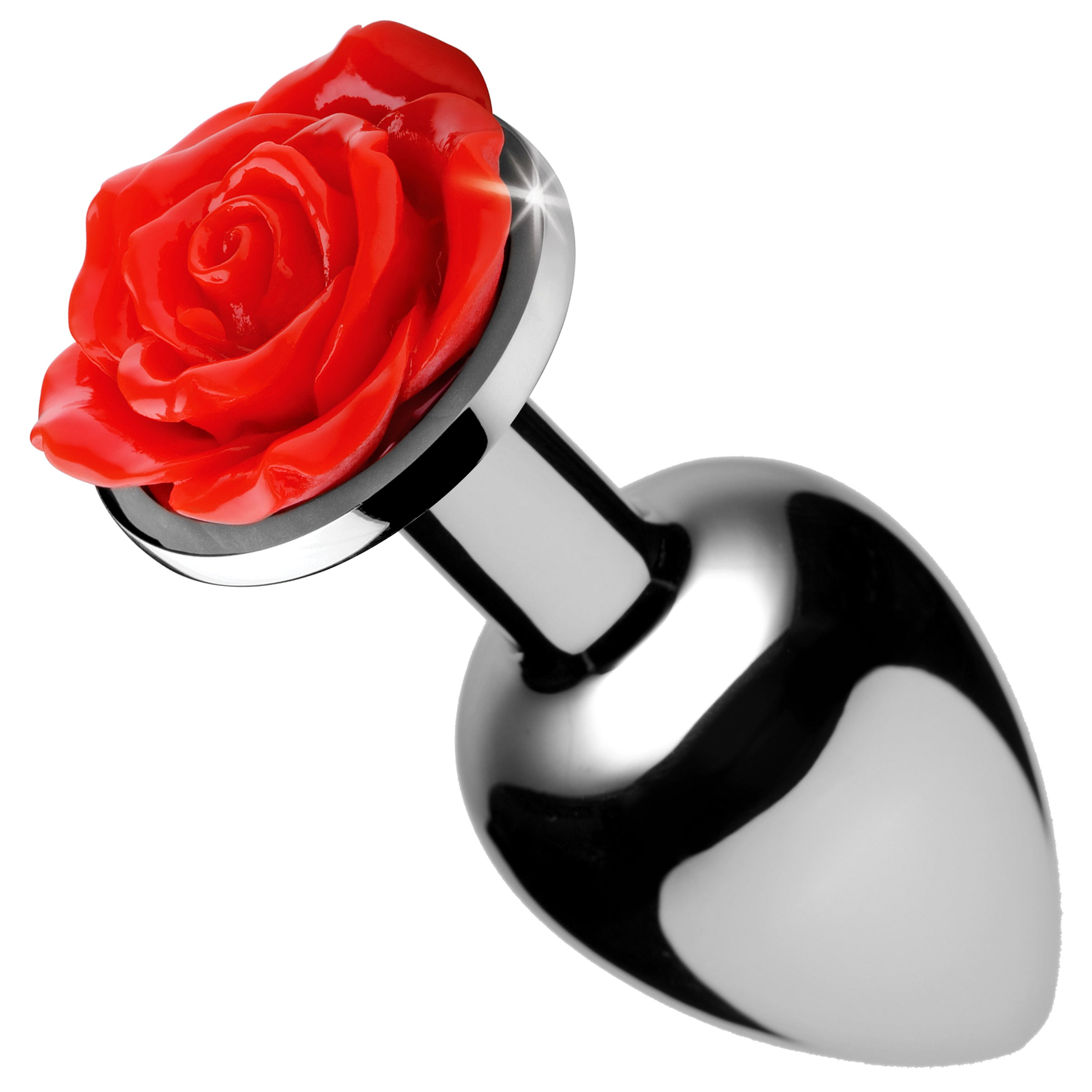 Large red rose anal plug with a smooth metal finish, designed for pleasure and aesthetics.