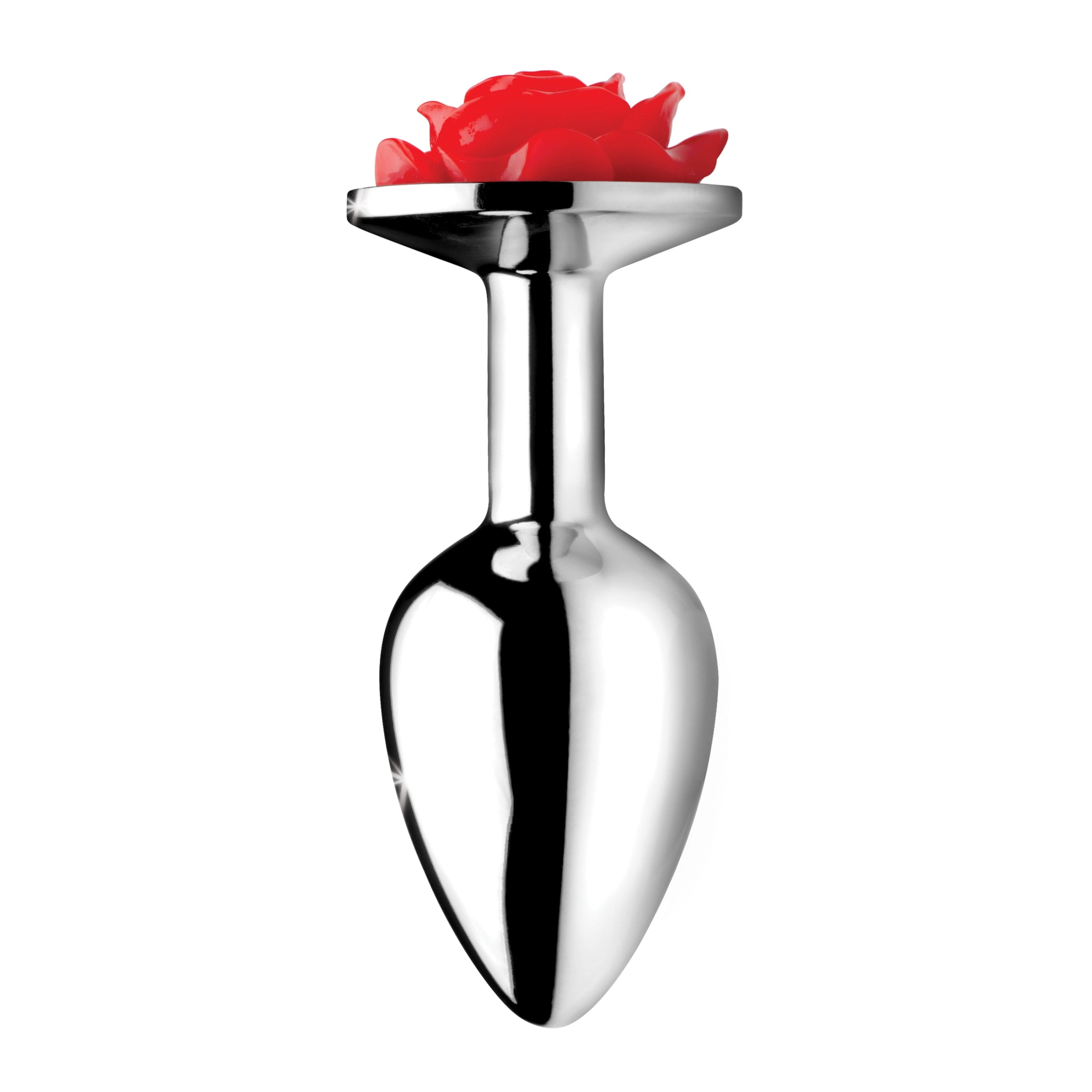 Large red rose anal plug with a smooth metal finish, designed for pleasure and aesthetics.