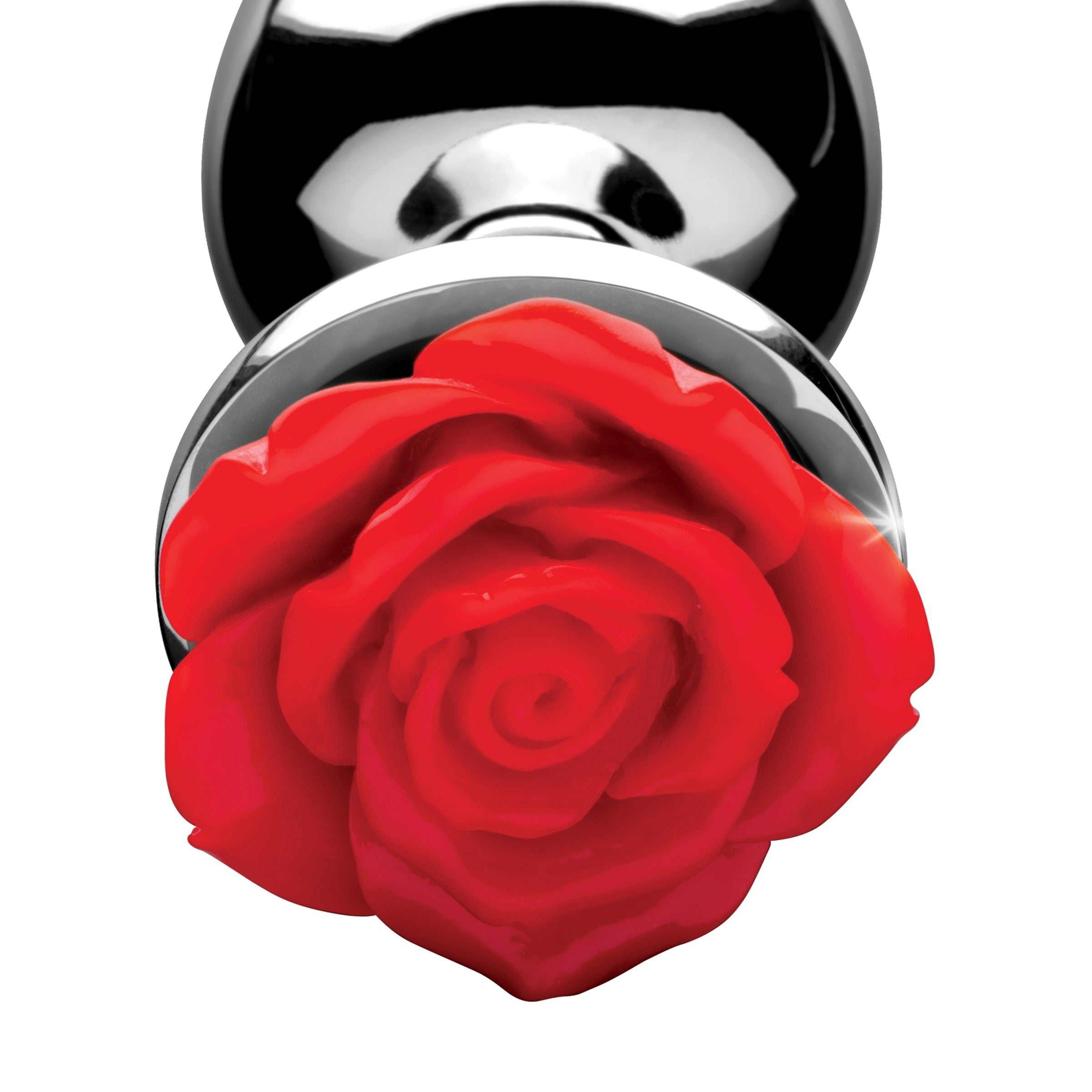 Large red rose anal plug with a smooth metal finish, designed for pleasure and aesthetics.