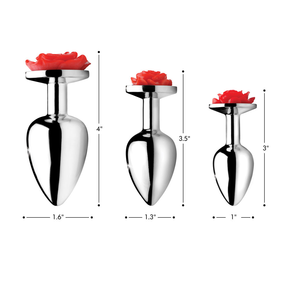 Large red rose anal plug with a smooth metal finish, designed for pleasure and aesthetics.