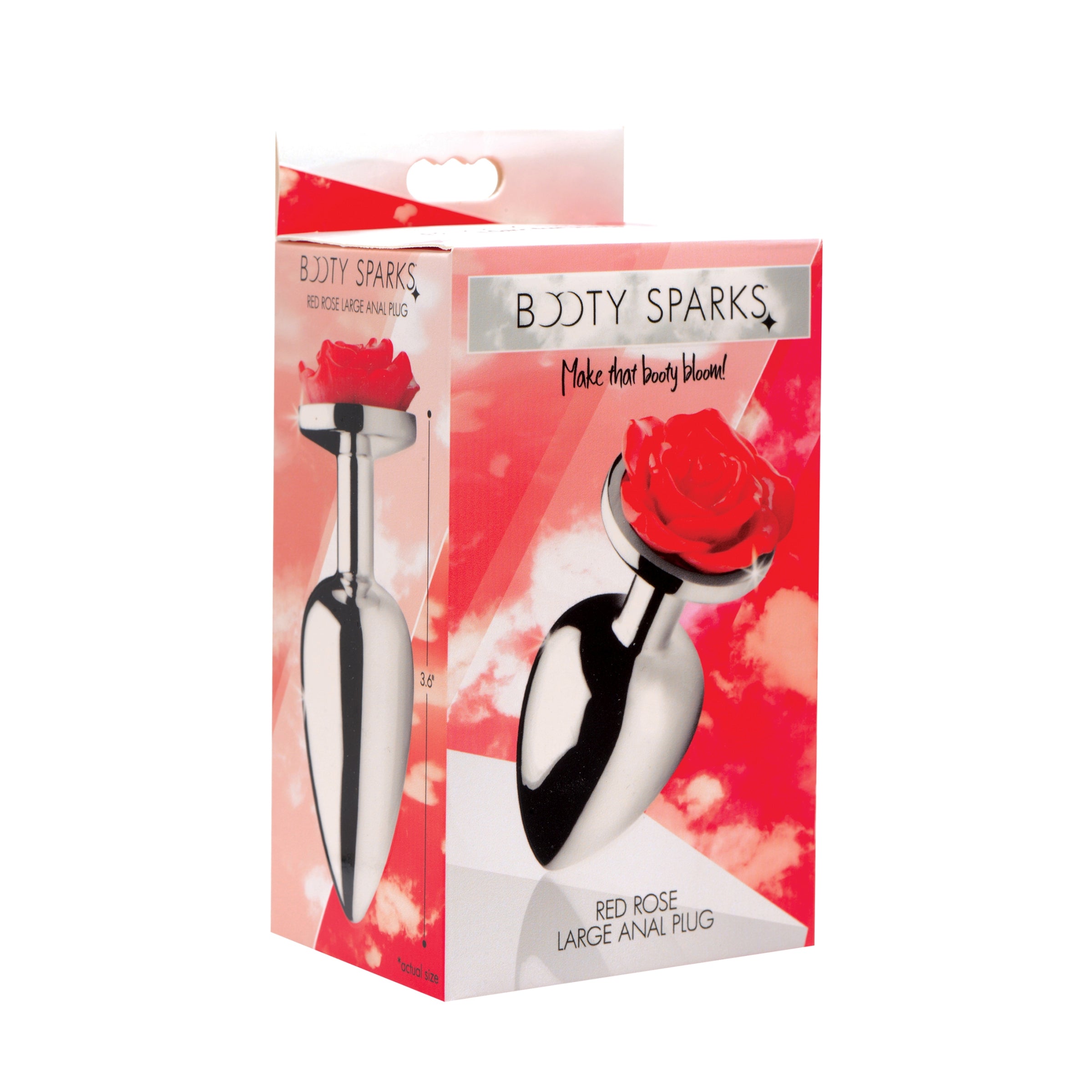 Large red rose anal plug with a smooth metal finish, designed for pleasure and aesthetics.