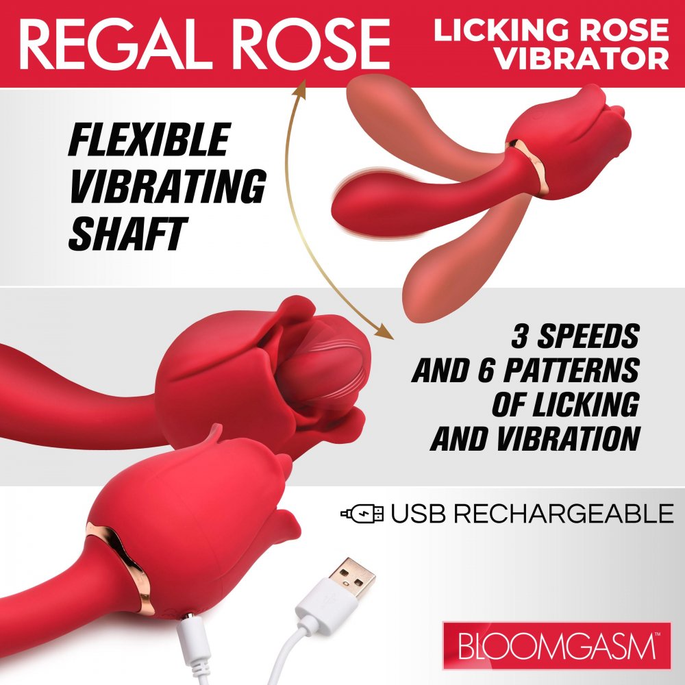 Regal Rose Licking Rose Vibrator featuring a licking tongue and G-spot stimulating shaft, designed in a beautiful rose shape.