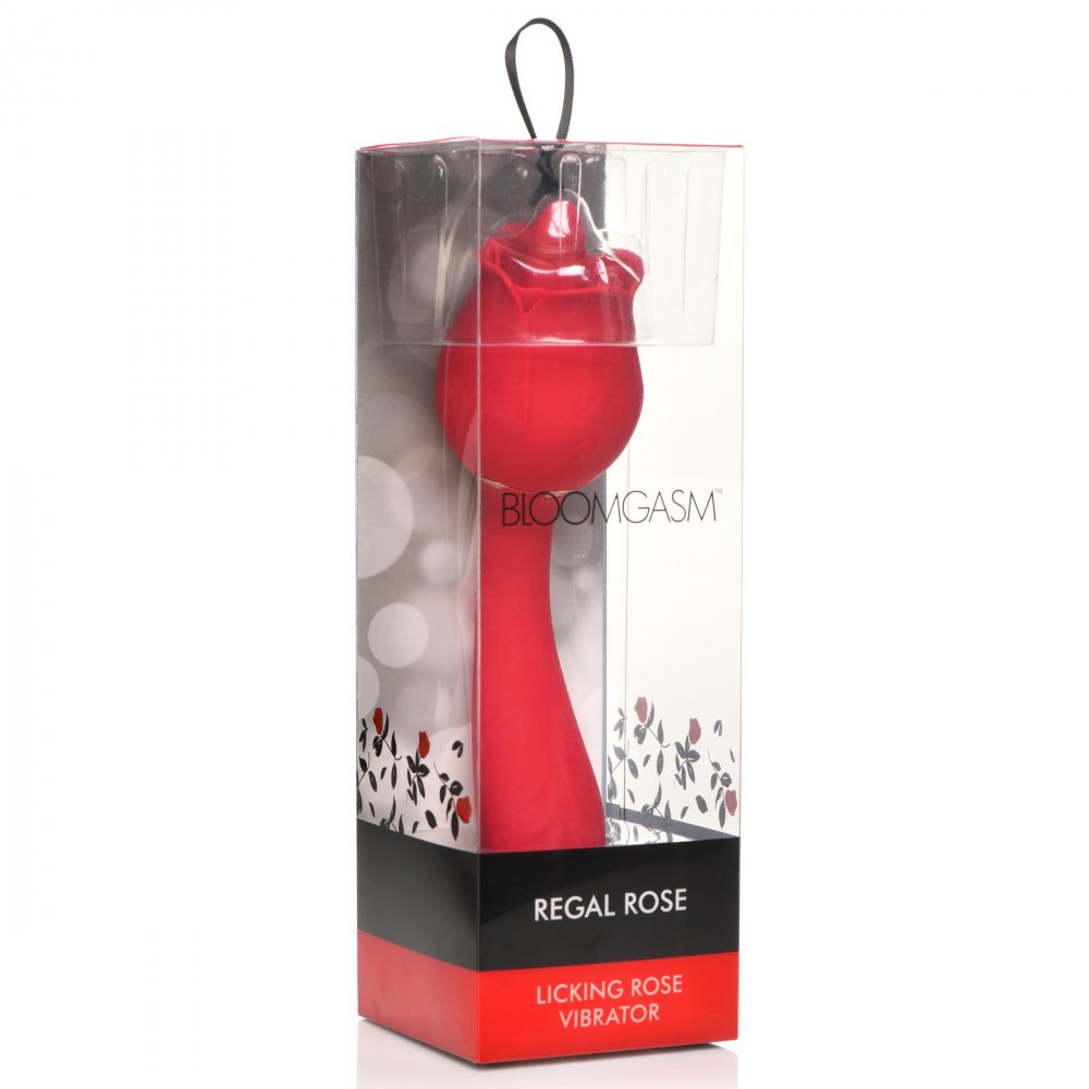 Regal Rose Licking Rose Vibrator featuring a licking tongue and G-spot stimulating shaft, designed in a beautiful rose shape.