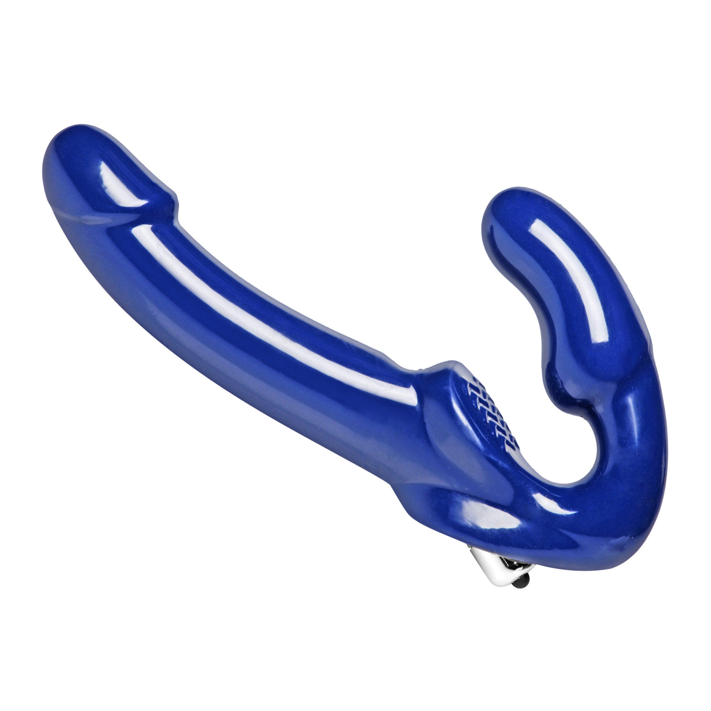 Revolver II Vibrating Strapless Strap On Dildo in blue, showcasing its curved shaft and textured clitoral pad for enhanced pleasure.