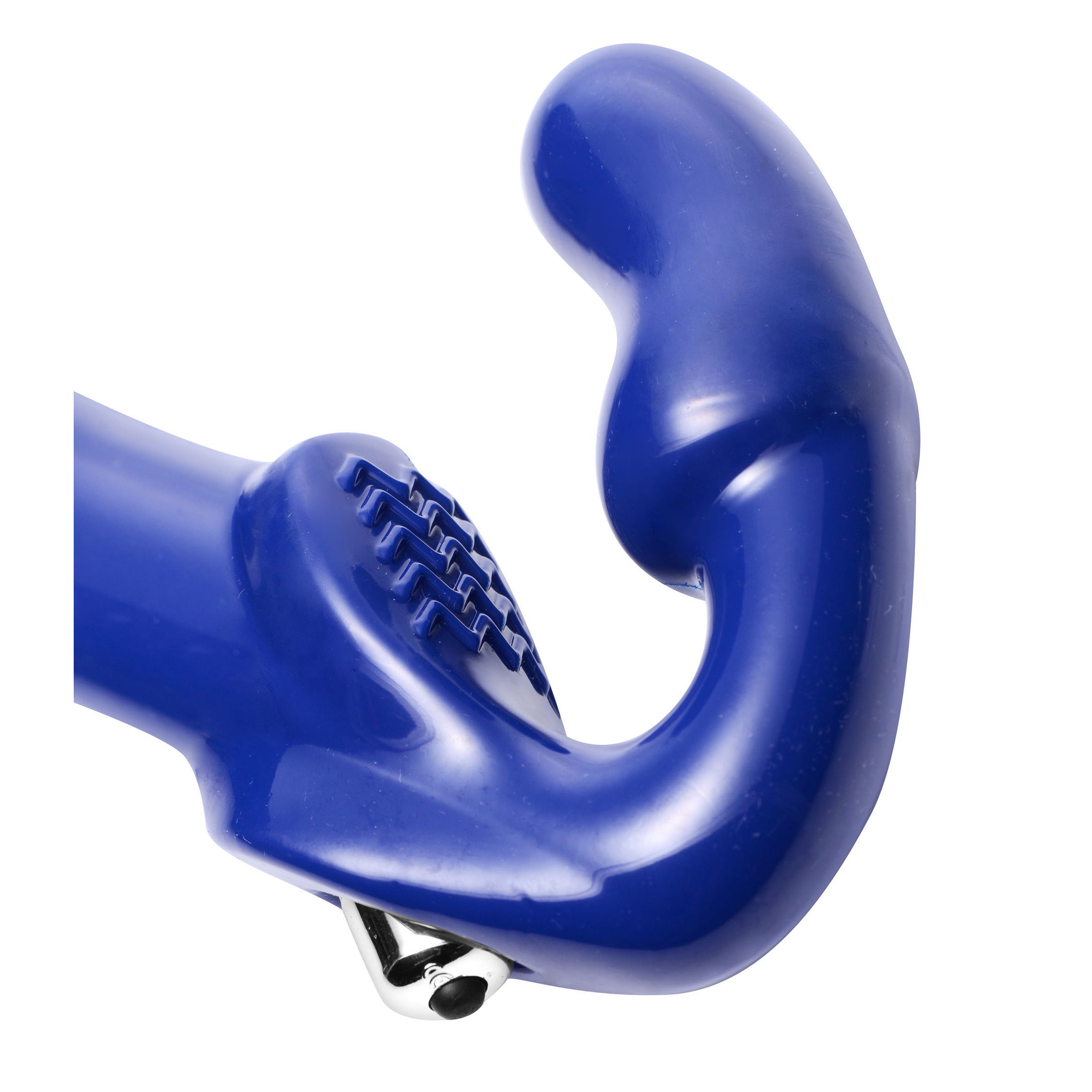 Revolver II Vibrating Strapless Strap On Dildo in blue, showcasing its curved shaft and textured clitoral pad for enhanced pleasure.