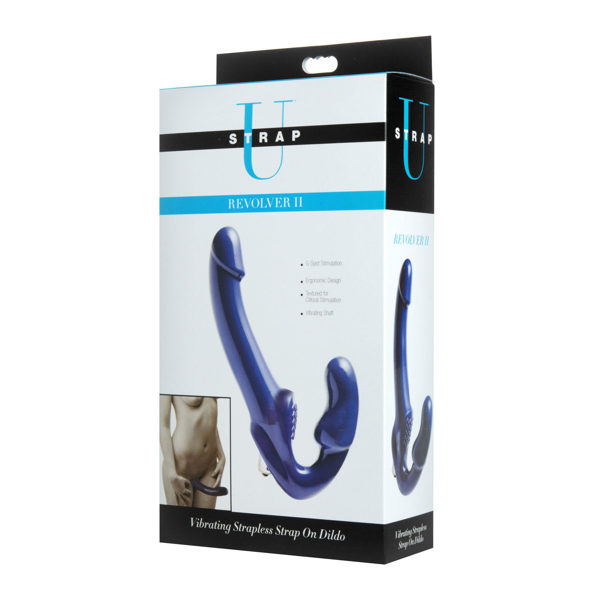 Revolver II Vibrating Strapless Strap On Dildo in blue, showcasing its curved shaft and textured clitoral pad for enhanced pleasure.