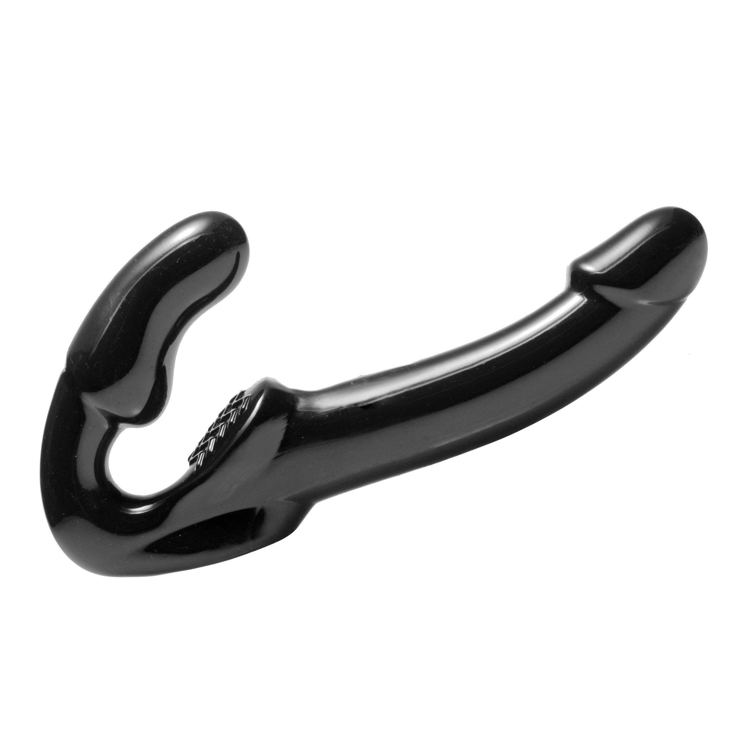 Revolver Strapless Strap On G-Spot Dildo in black, showcasing its ergonomic design and textured pad for enhanced pleasure.