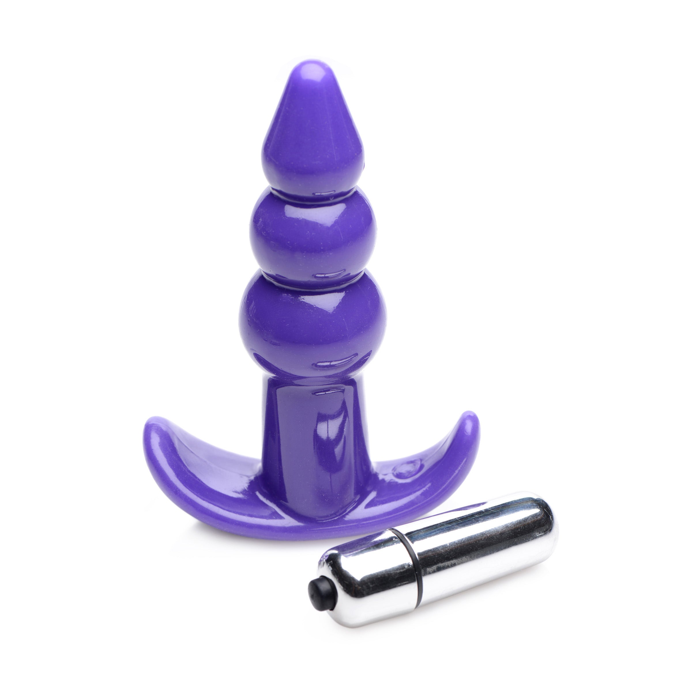 Ribbed Vibrating Butt Plug in Purple with three bulbs and a tapered tip, designed for comfortable anal play.