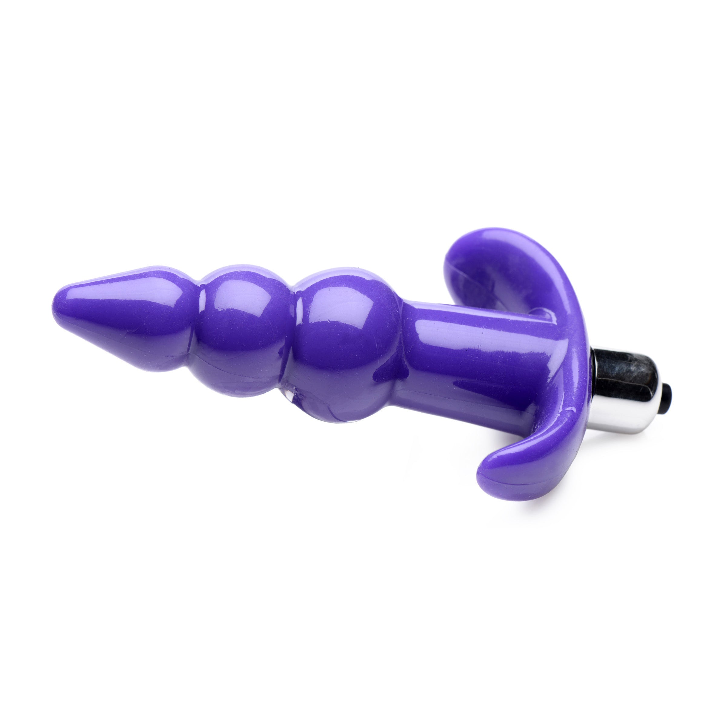 Ribbed Vibrating Butt Plug in Purple with three bulbs and a tapered tip, designed for comfortable anal play.