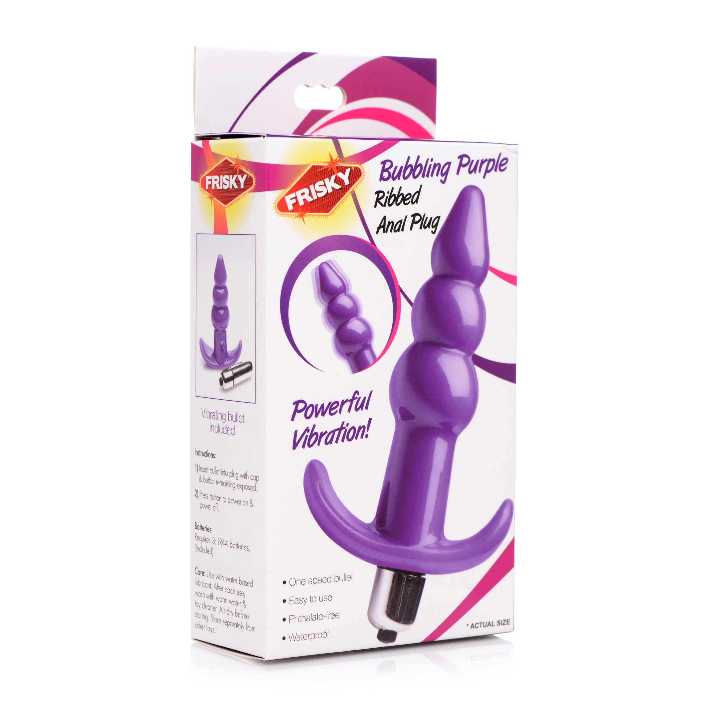 Ribbed Vibrating Butt Plug in Purple with three bulbs and a tapered tip, designed for comfortable anal play.