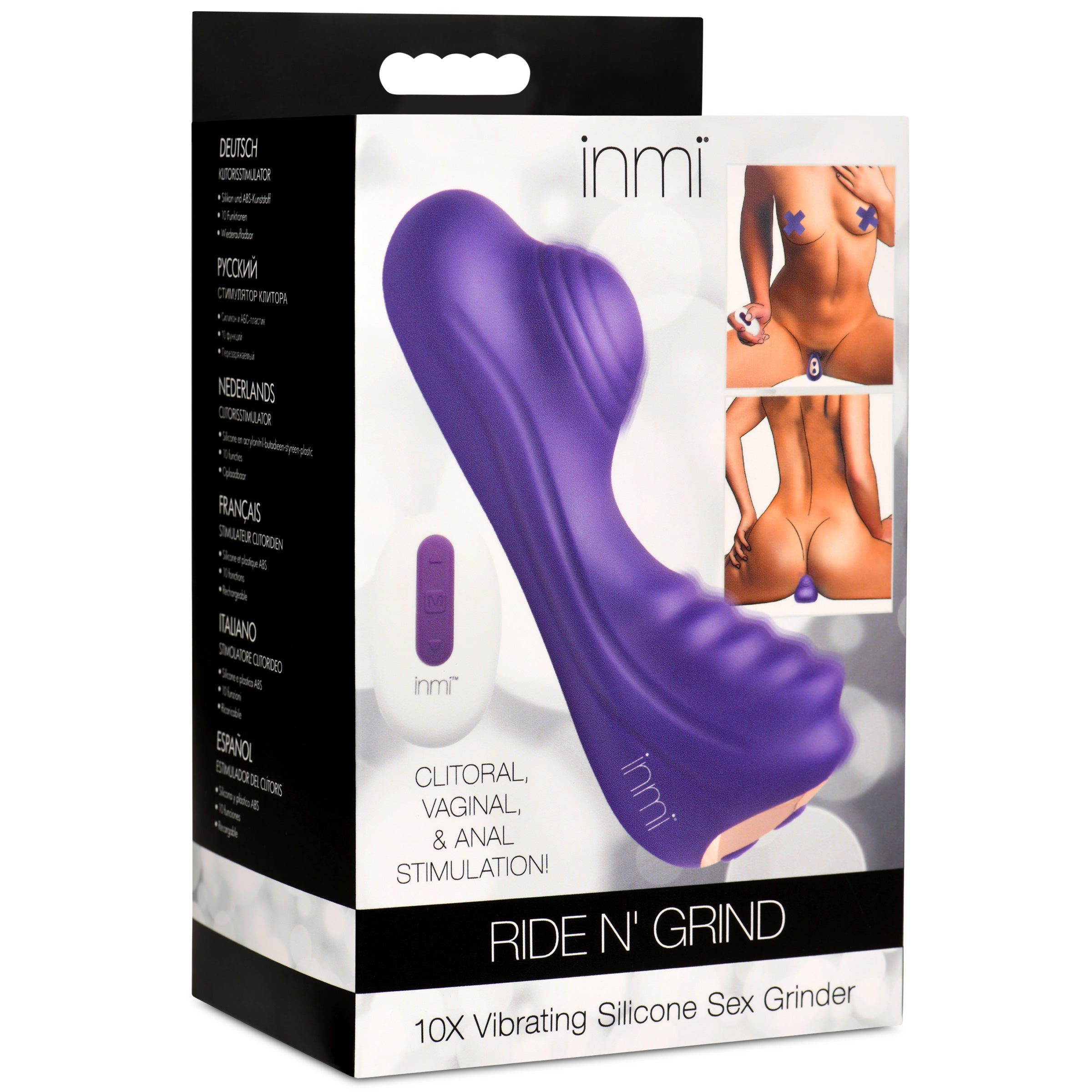 Ride N' Grind 10X Vibrating Silicone Grinder in purple, showcasing its textured surface and ergonomic design for enhanced pleasure.