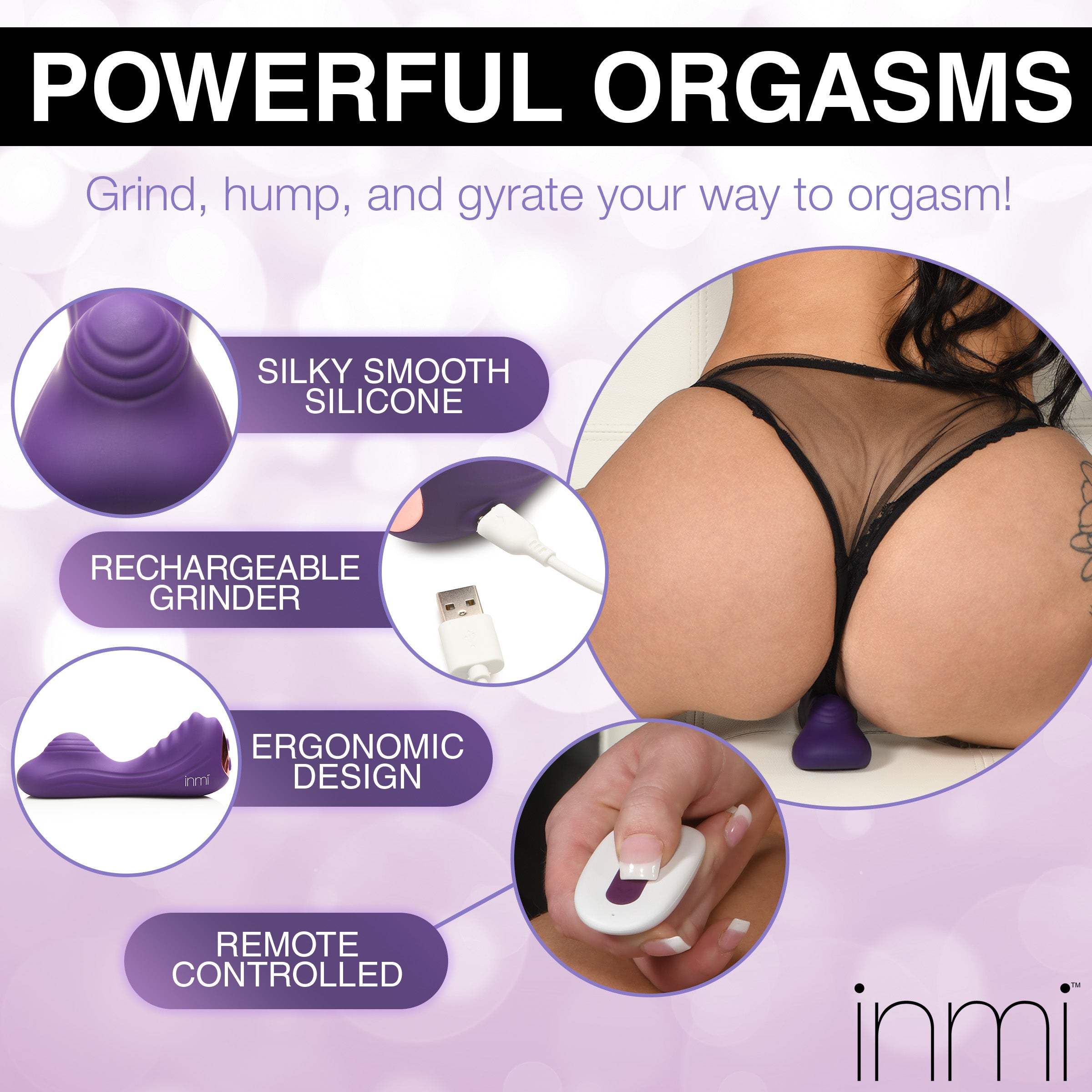 Ride N' Grind 10X Vibrating Silicone Grinder in purple, showcasing its textured surface and ergonomic design for enhanced pleasure.