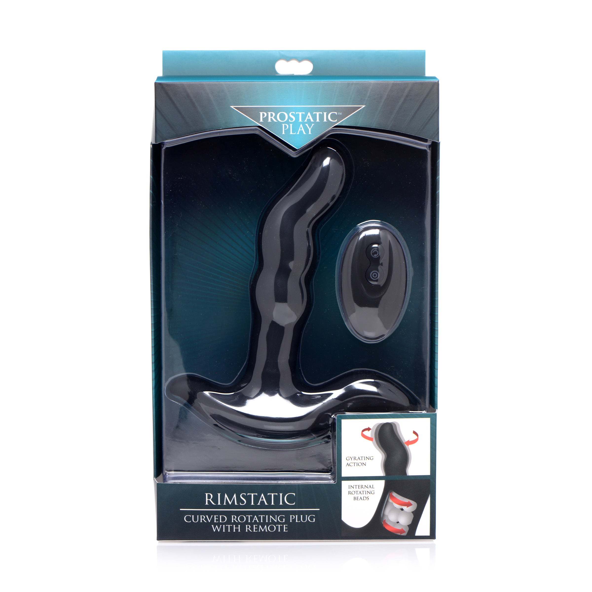 Rimstatic Curved Rotating Plug with Remote, featuring a sleek black design and silicone material for enhanced P-spot stimulation.