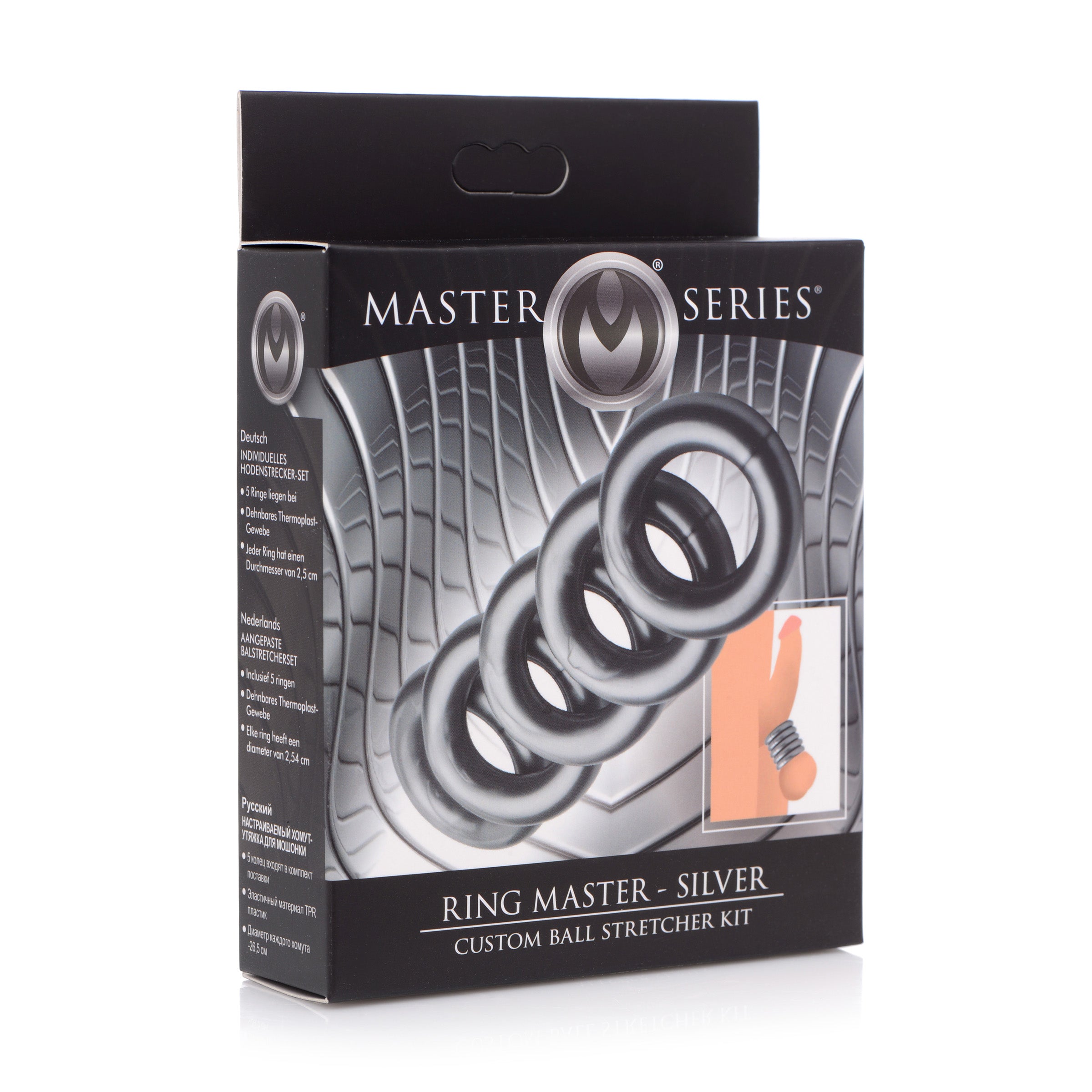 Ring Master Custom Ball Stretcher Kit in silver with five stretchy rings for customizable pleasure.