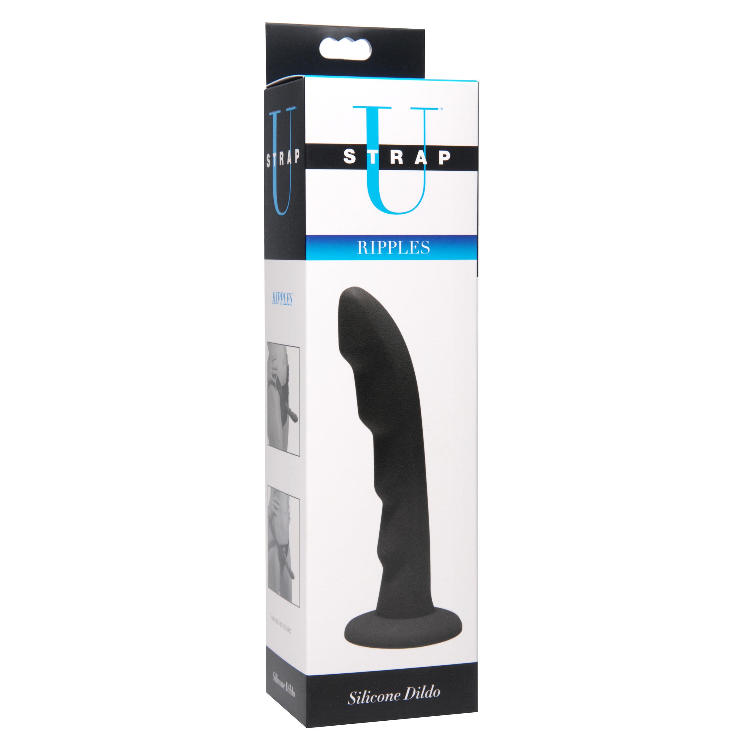 RIPPLES Silicone Dildo in black, designed for strap-on compatibility with a smooth matte finish and flared base.