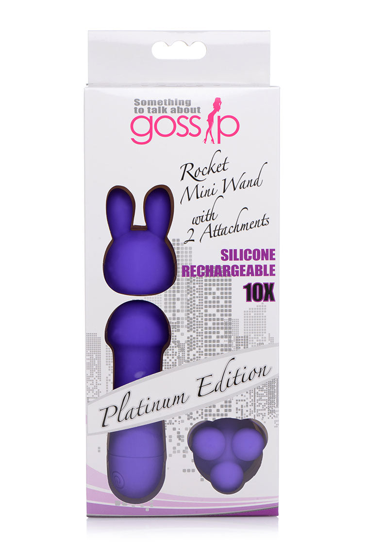 Rocket 10X Silicone Rechargeable Mini Wand with two attachments, showcasing its sleek design and vibrant violet color.