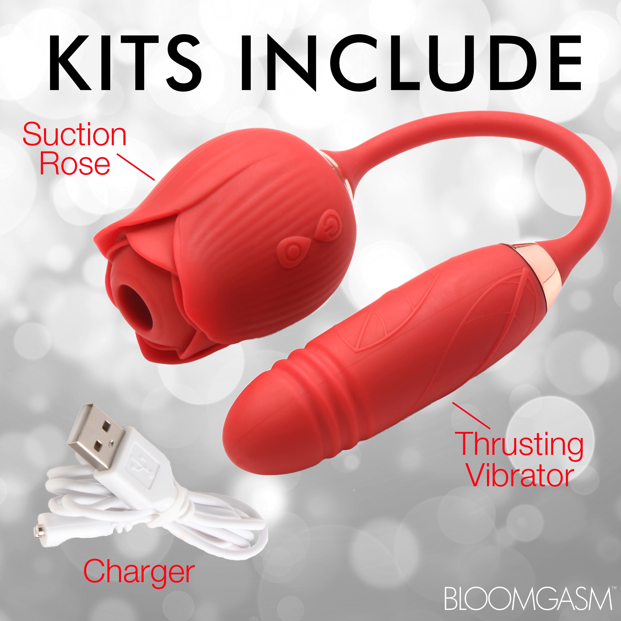 Romping Rose 10X Suction Rose & Thrusting Vibrator in vibrant red, showcasing its elegant rose design and dual-action features.