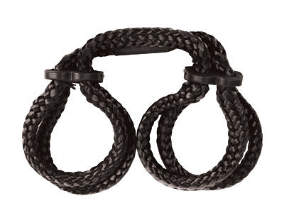 Black Rope Cuffs made of durable polypropylene with adjustable fasteners for bondage play.