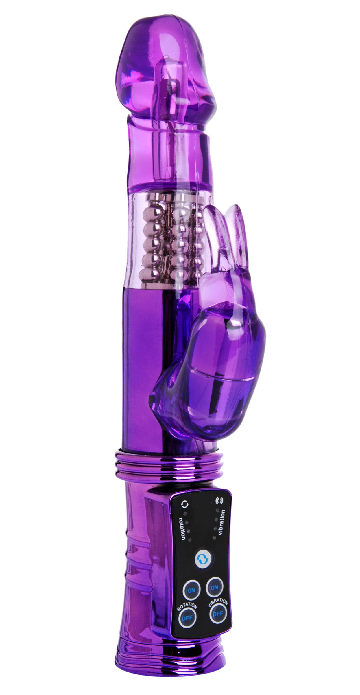 Compact purple rabbit vibe with rotating shaft and bunny ears for clitoral stimulation.