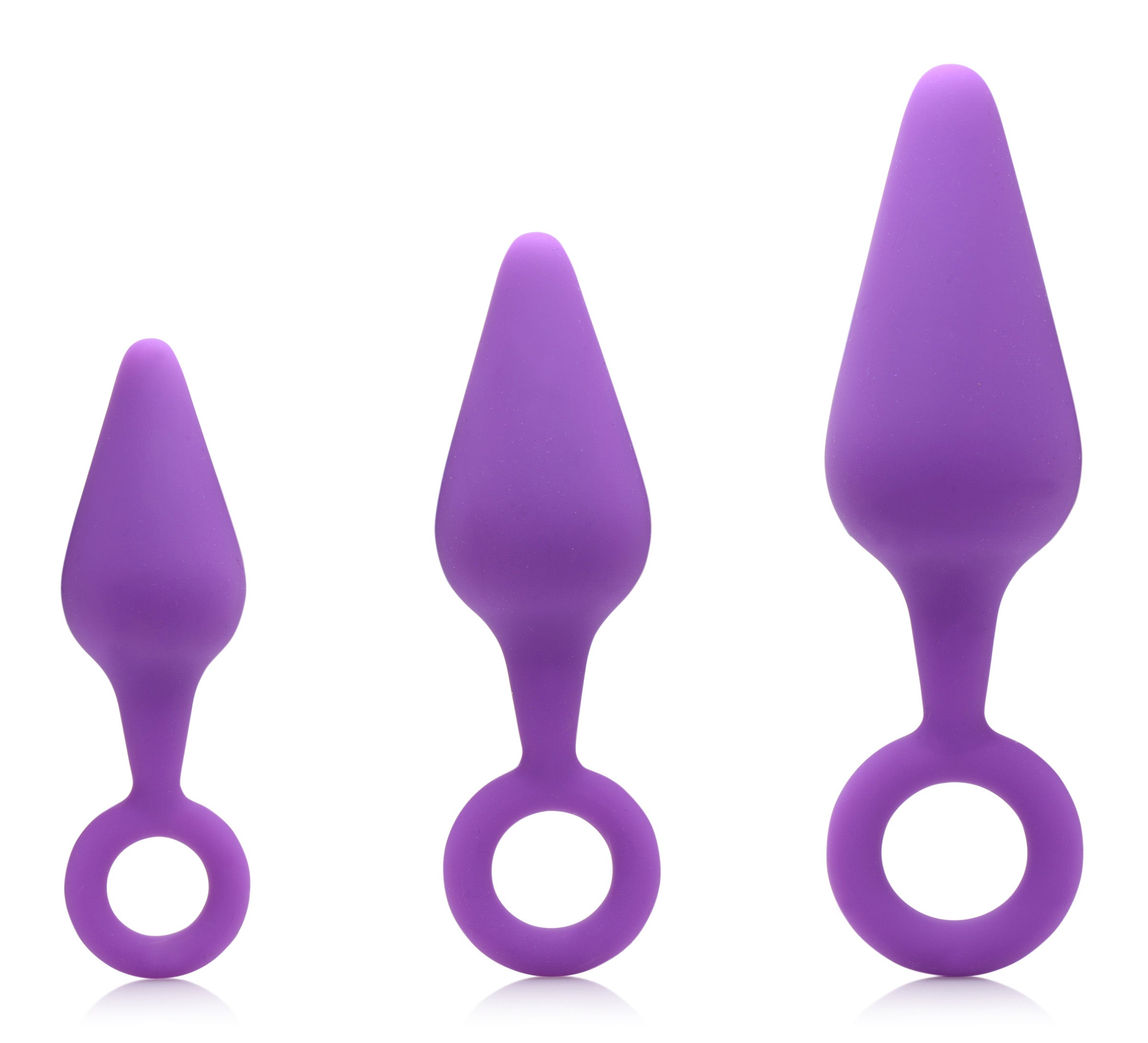 Rump Ringers 3 Piece Silicone Anal Plug Set in purple, featuring graduated sizes and ringed bases for safety.