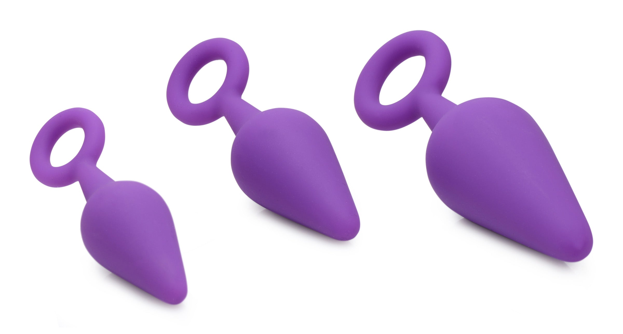 Rump Ringers 3 Piece Silicone Anal Plug Set in purple, featuring graduated sizes and ringed bases for safety.